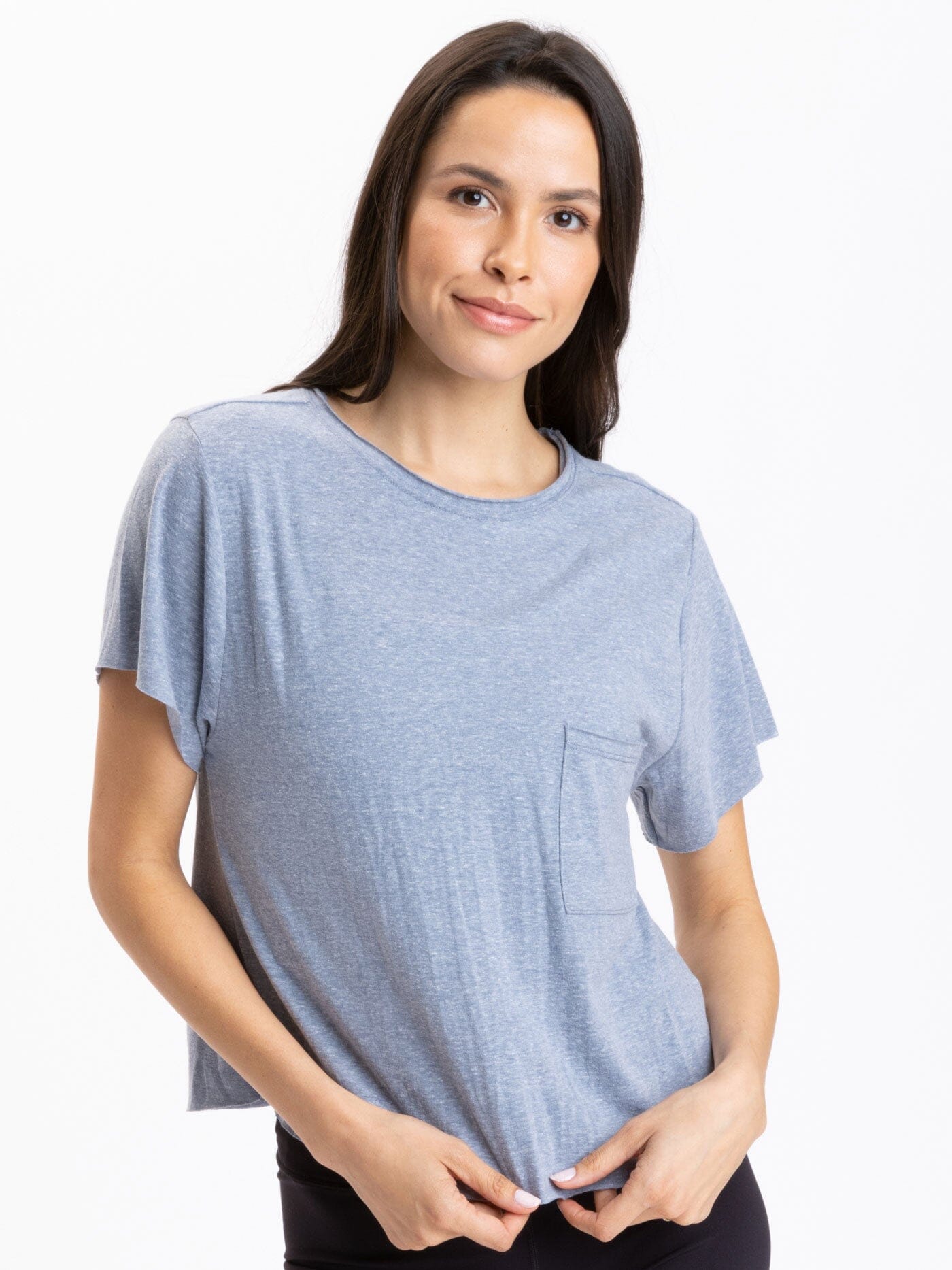 Blue Maggie Triblend Tee with a high-waist cut, shown in a casual, minimalist style