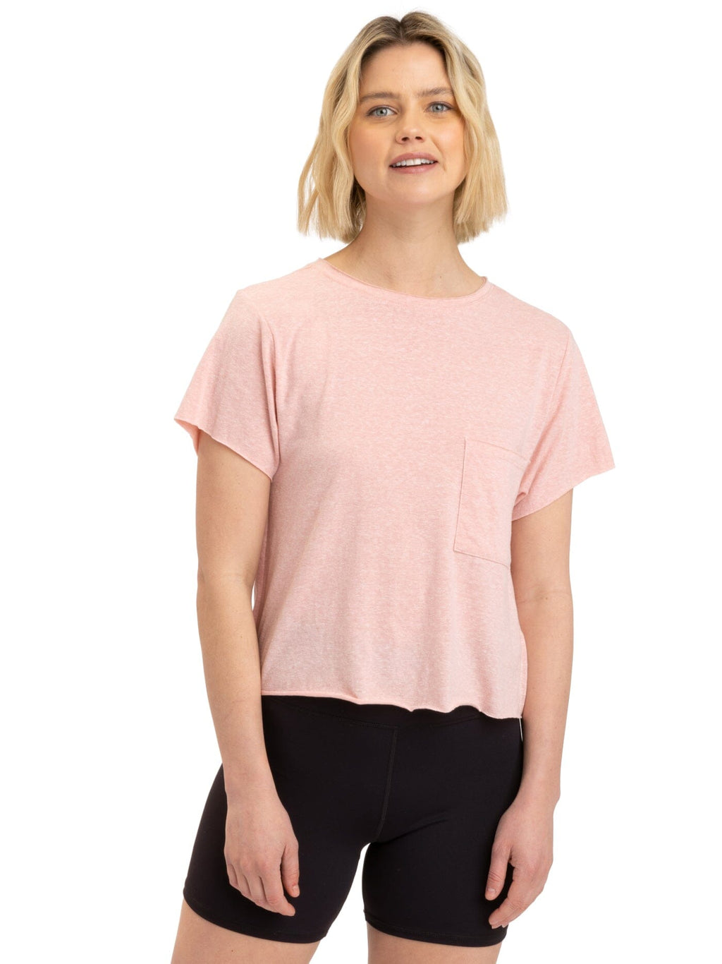 Pink Maggie triblend tee with high-waisted fit.