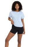 Woman wearing a high-waisted Maggie Triblend Tee in organic cotton and modal