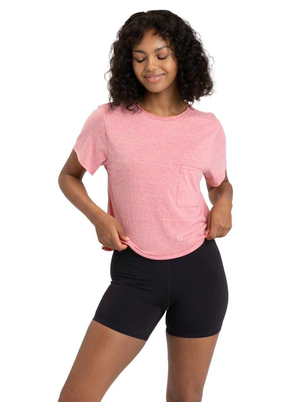Close up of the ultra-soft Maggie Triblend Tee in an organic cotton and modal blend, featuring a high-waist crop fit.