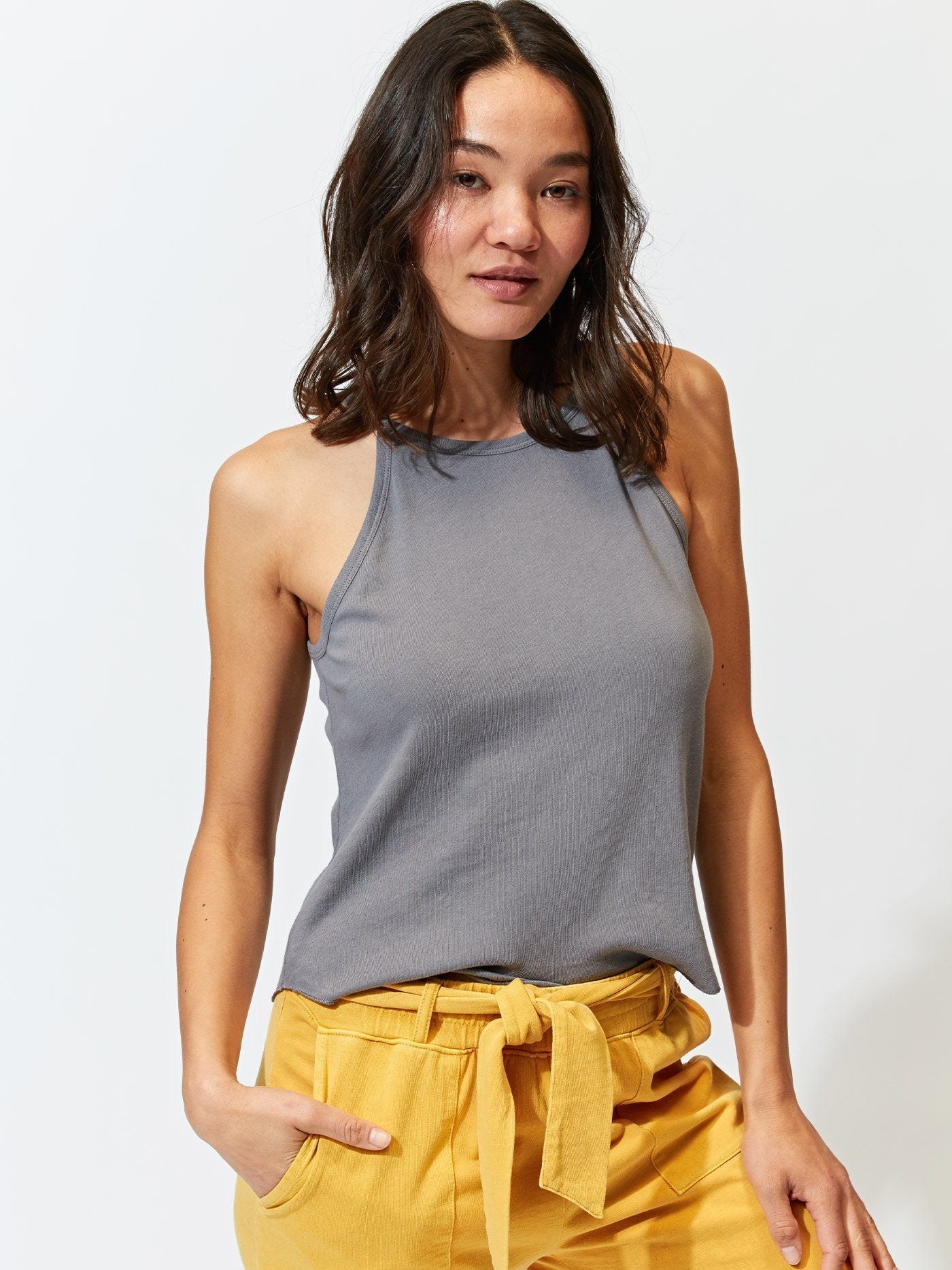 Elpis Sweater Knit Tank in grey featuring a high neckline and knit texture