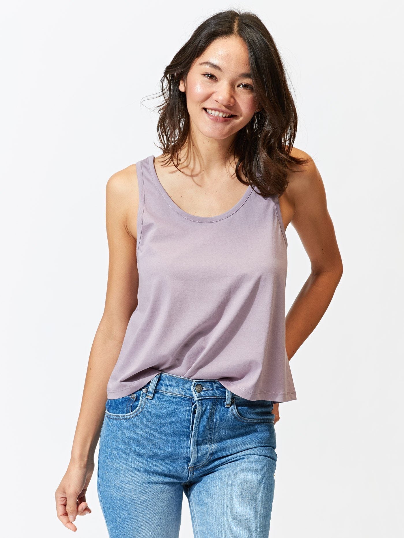 Invincible Flow Tank in lavender and muted purple with a relaxed fit