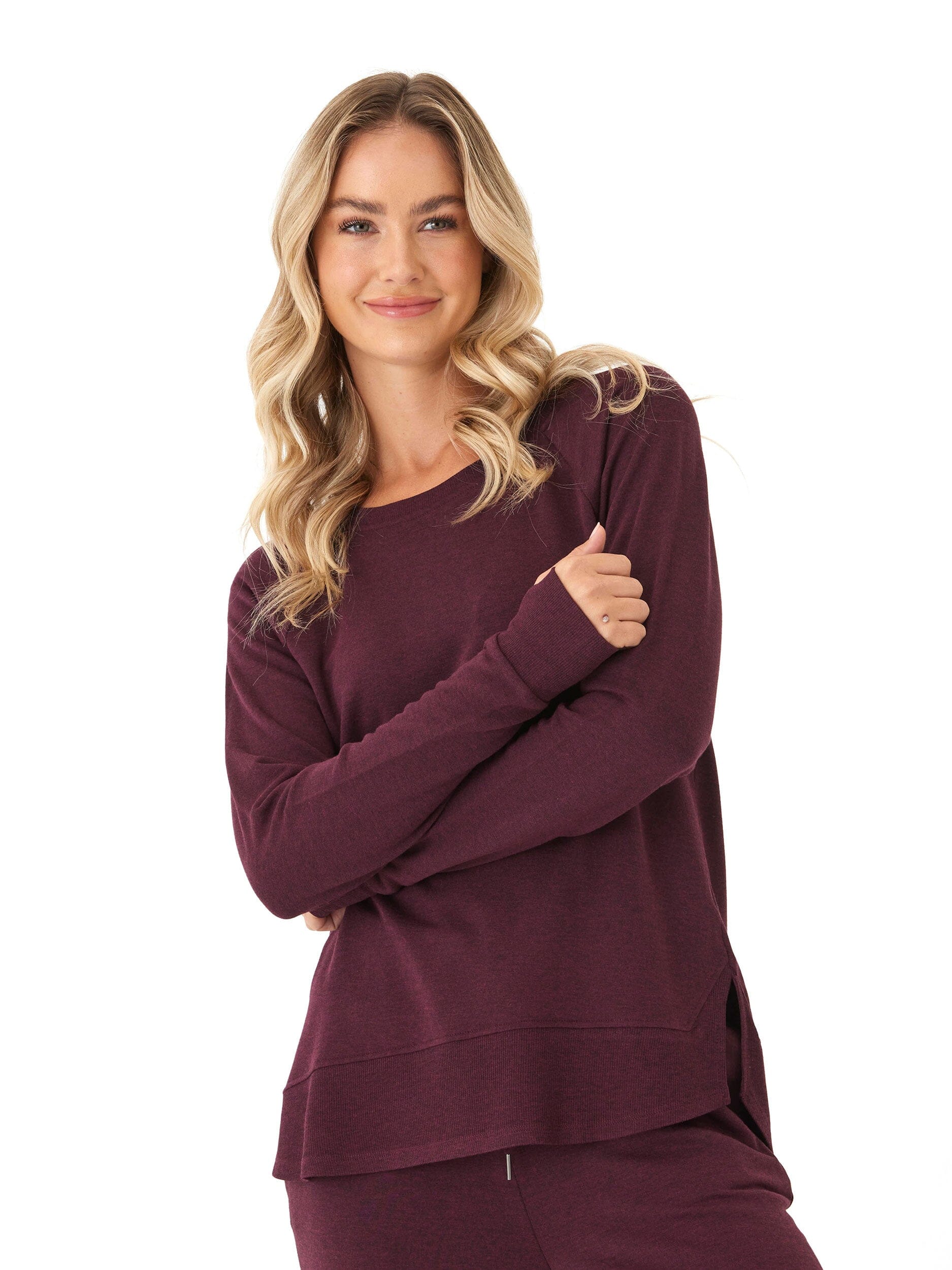 Leelu Feather Fleece Raglan Pullover showing ribbed hem details and sleeve thumbholes
