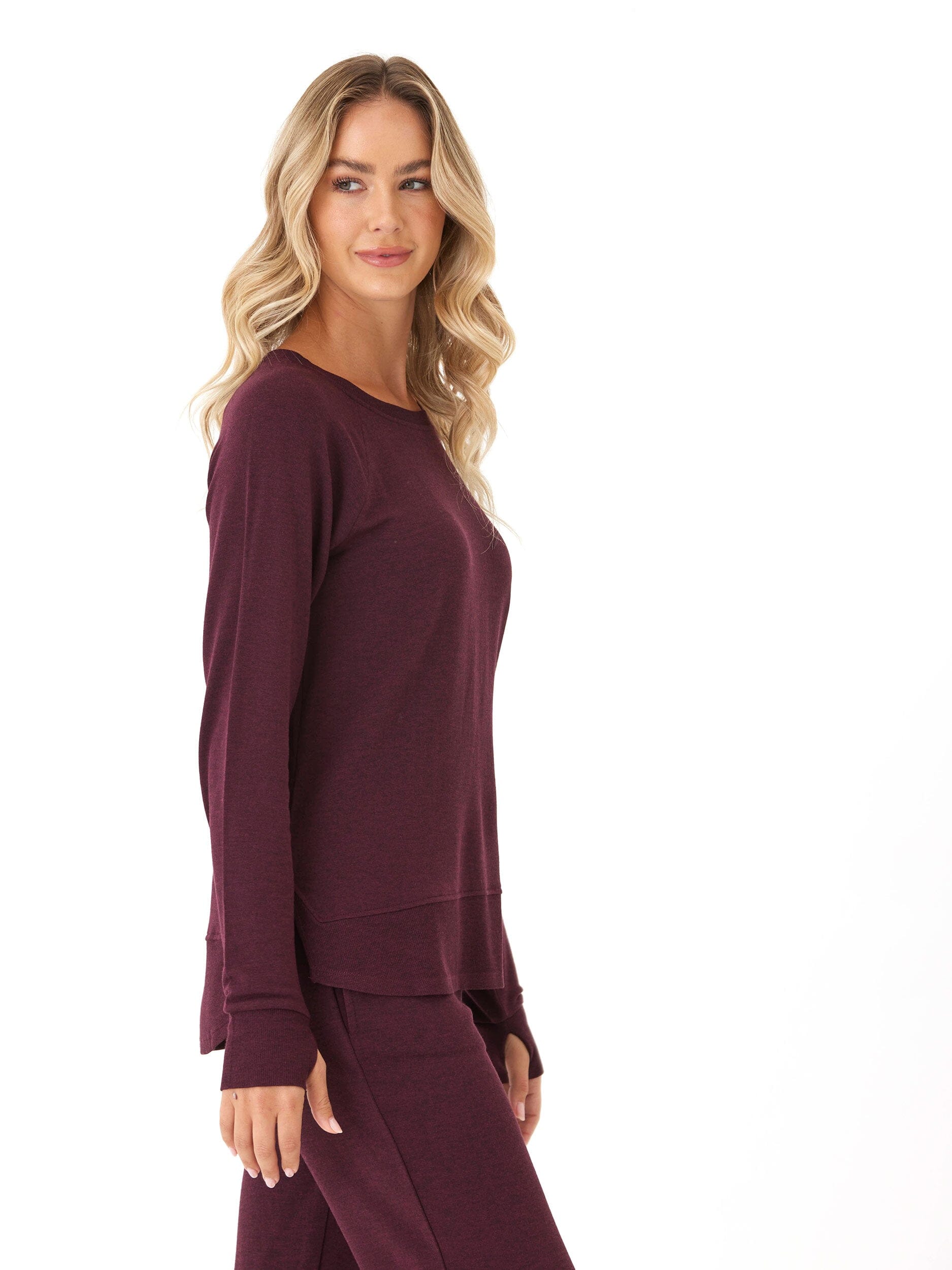 Leelu Feather Fleece Raglan Pullover with Ribbed Hem and Thumbholes