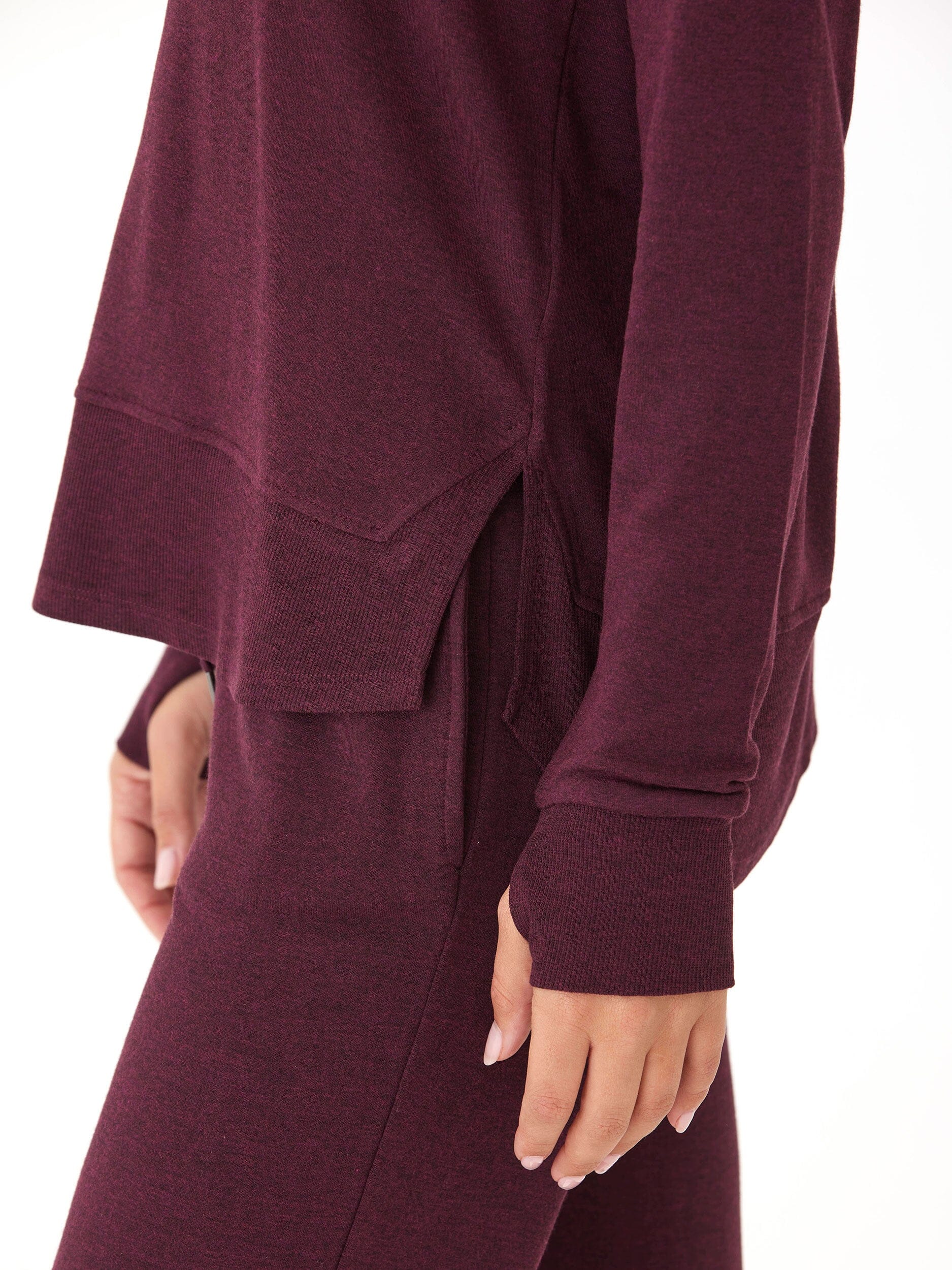 Leelu Feather Fleece Raglan Pullover with Ribbed Hem and Thumbholes