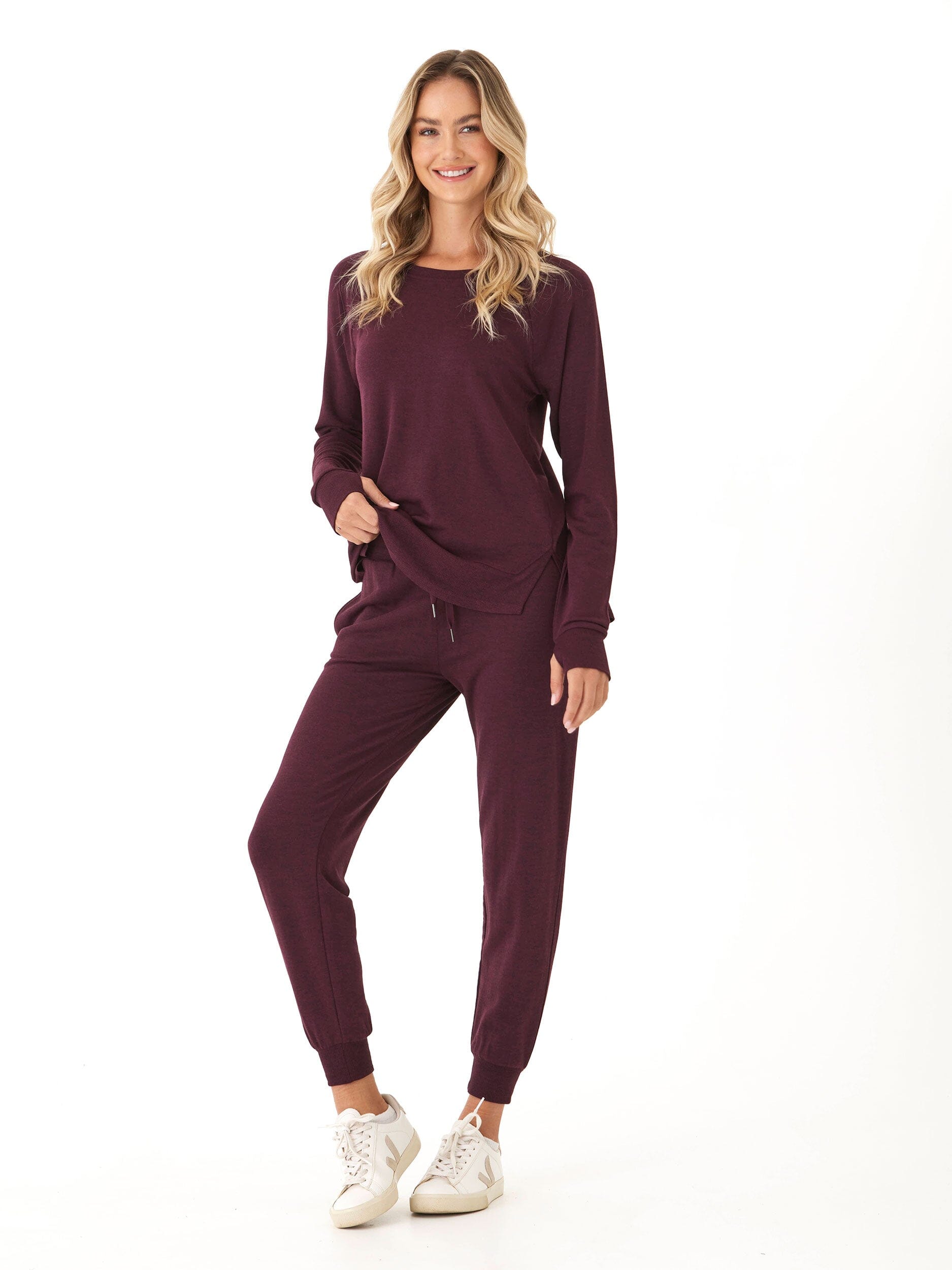 Leelu Feather Fleece Raglan Pullover with Ribbed Hem and Thumbholes