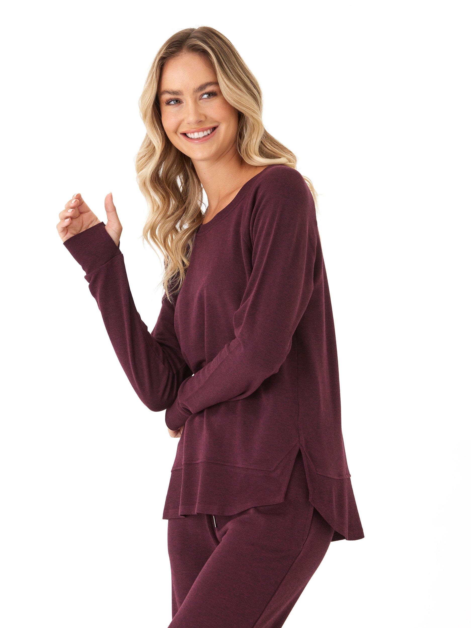 Leelu Feather Fleece Raglan Pullover with Ribbed Hem and Thumbholes