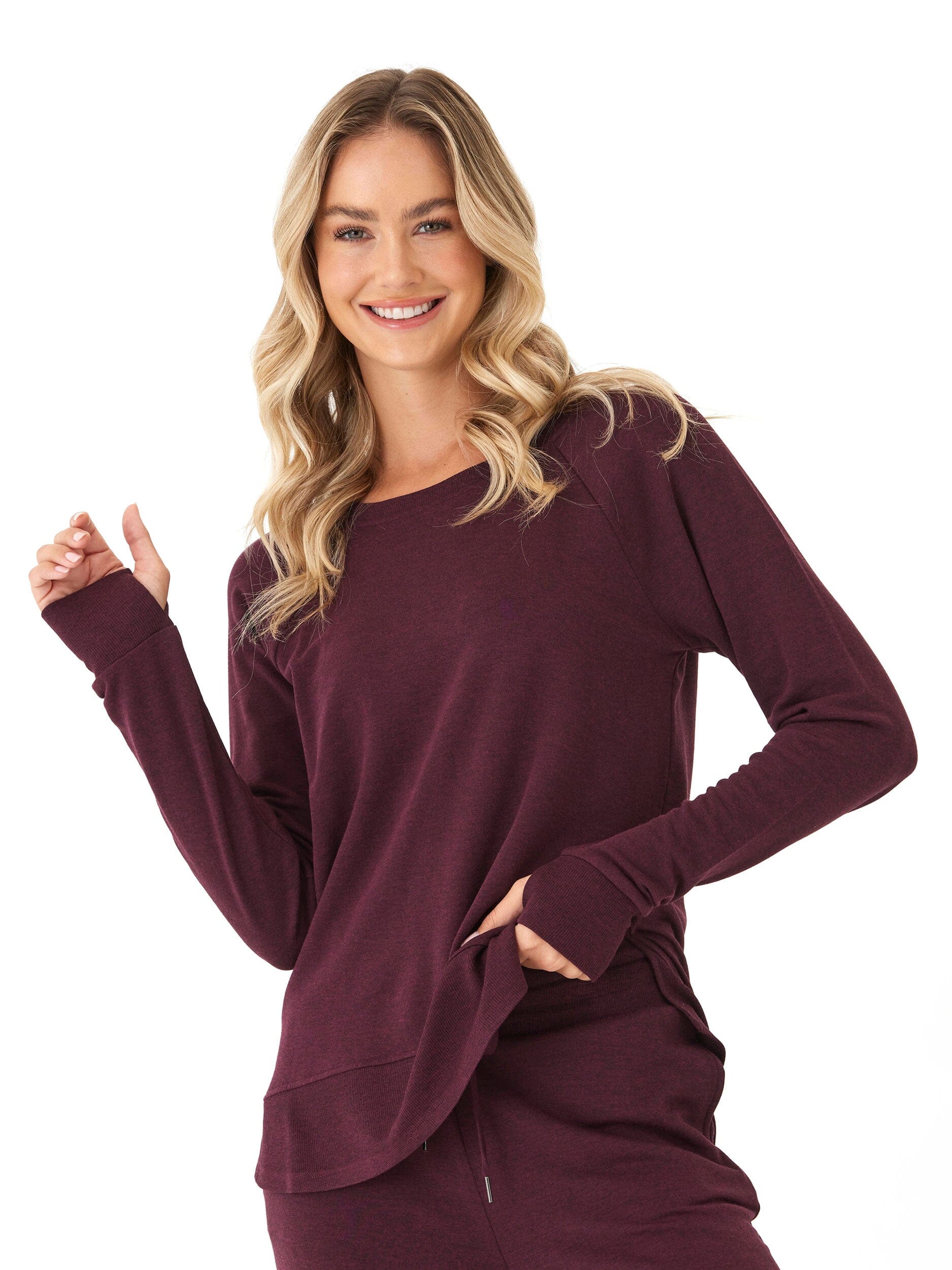 Leelu Feather Fleece Raglan Pullover with Ribbed Hem and Thumbholes