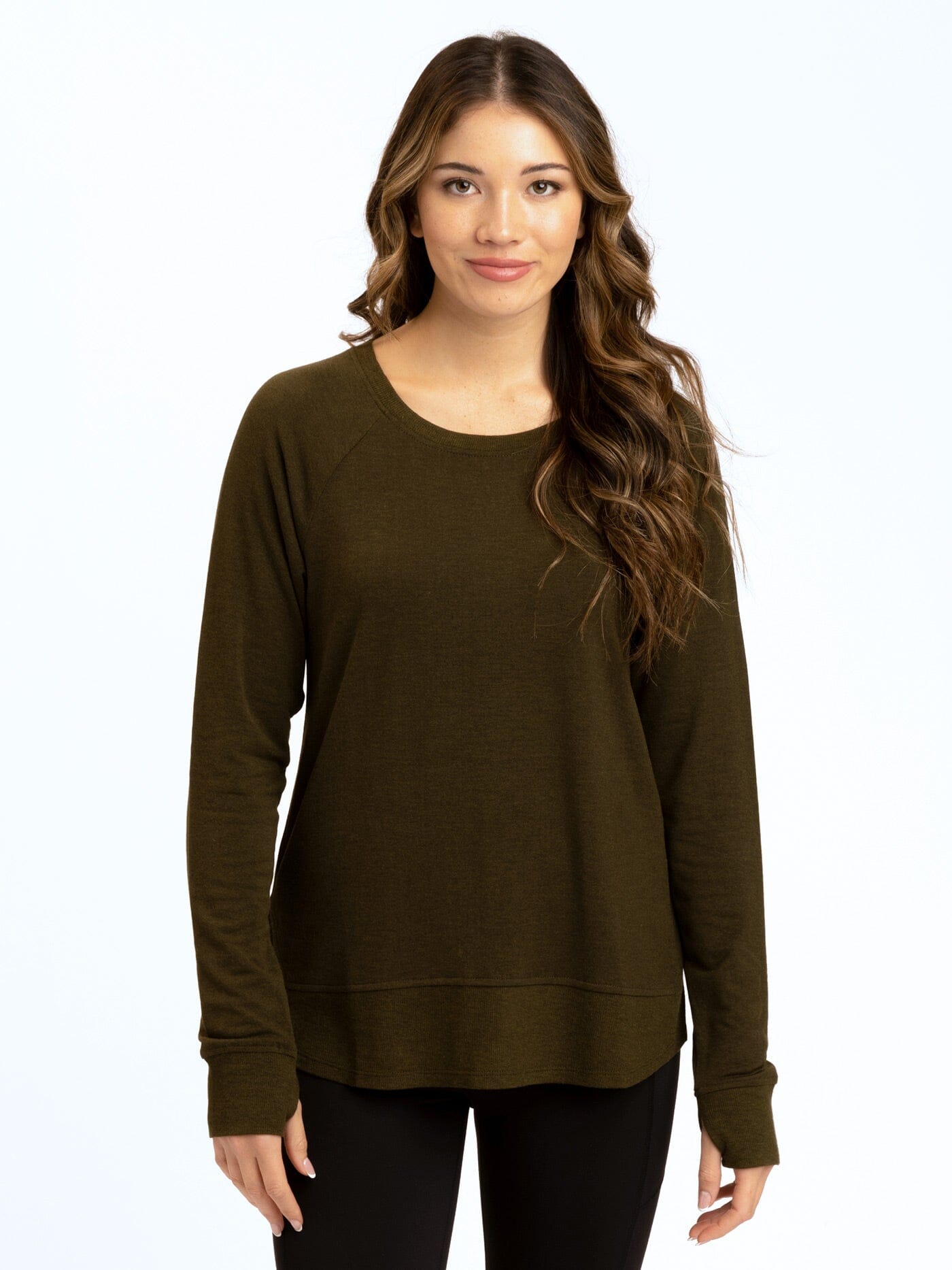 Olive green Leelu Feather Fleece raglan pullover with crew neck and ribbed thumbhole cuffs