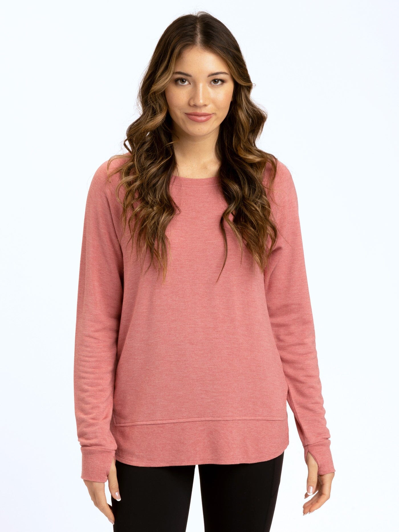Dusty-rose Leelu Feather Fleece raglan pullover featuring rib hem and thumbholes.
