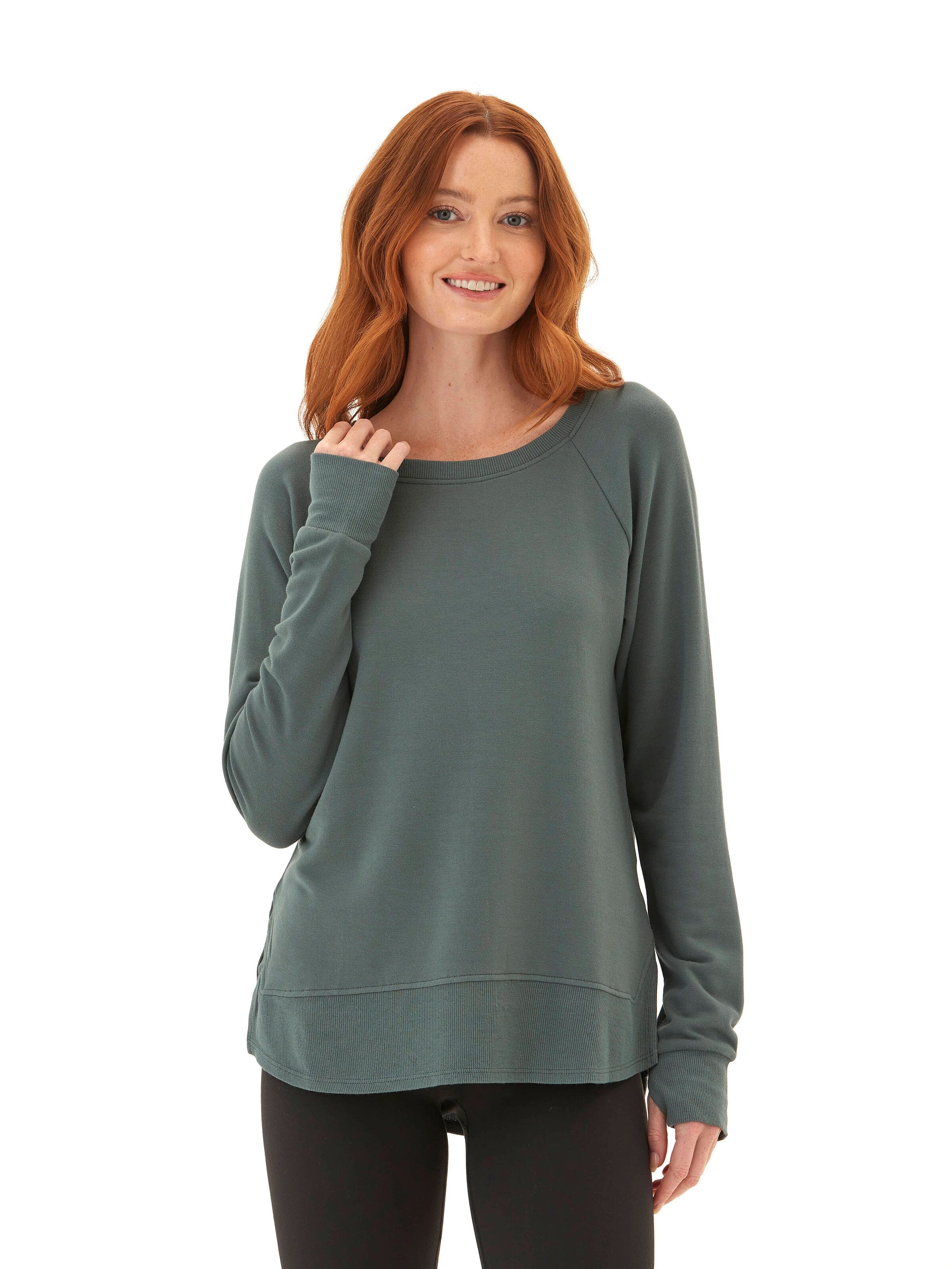 Feather Fleece Raglan Pullover with Thumbholes and Ribbed Hem