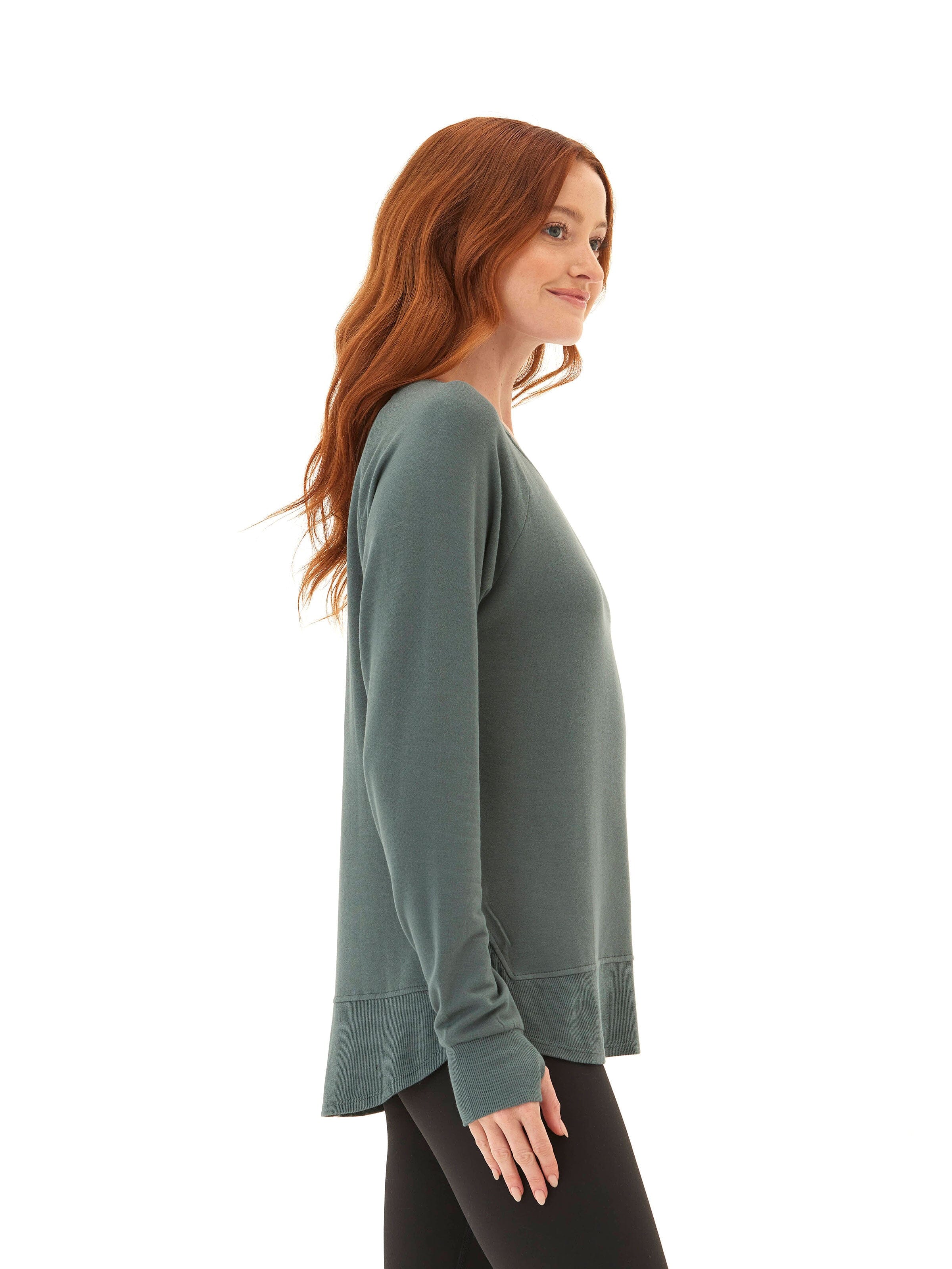 Feather Fleece Raglan Pullover with Thumbholes and Ribbed Hem