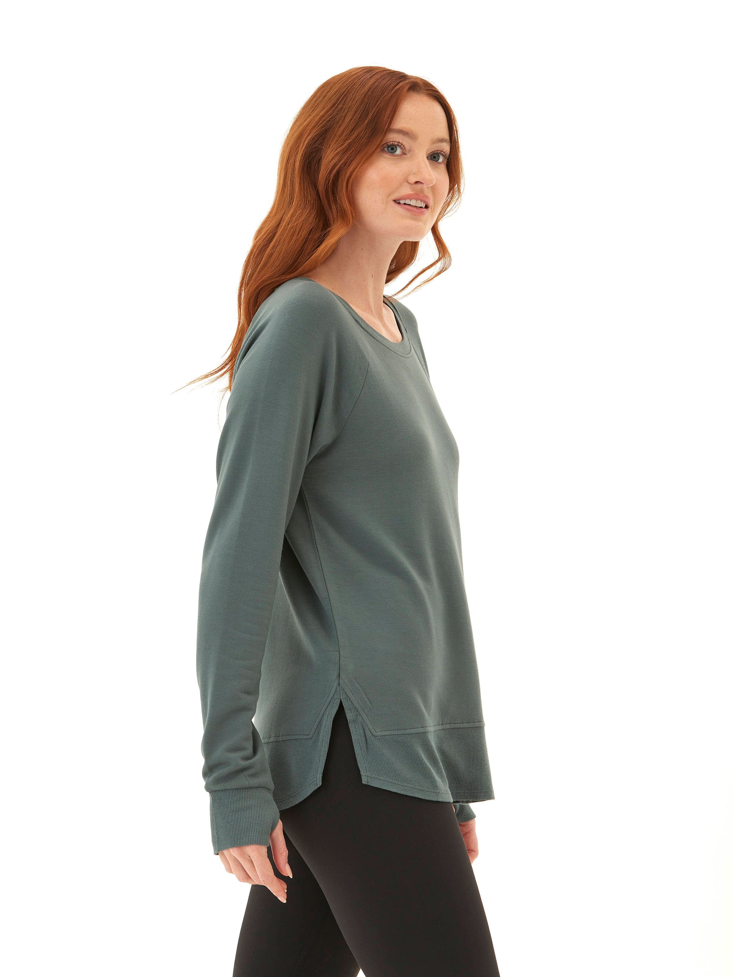 Feather Fleece Raglan Pullover with Thumbholes and Ribbed Hem