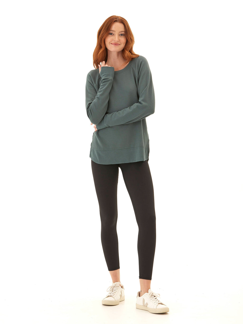 Feather Fleece Raglan Pullover with Thumbholes and Ribbed Hem