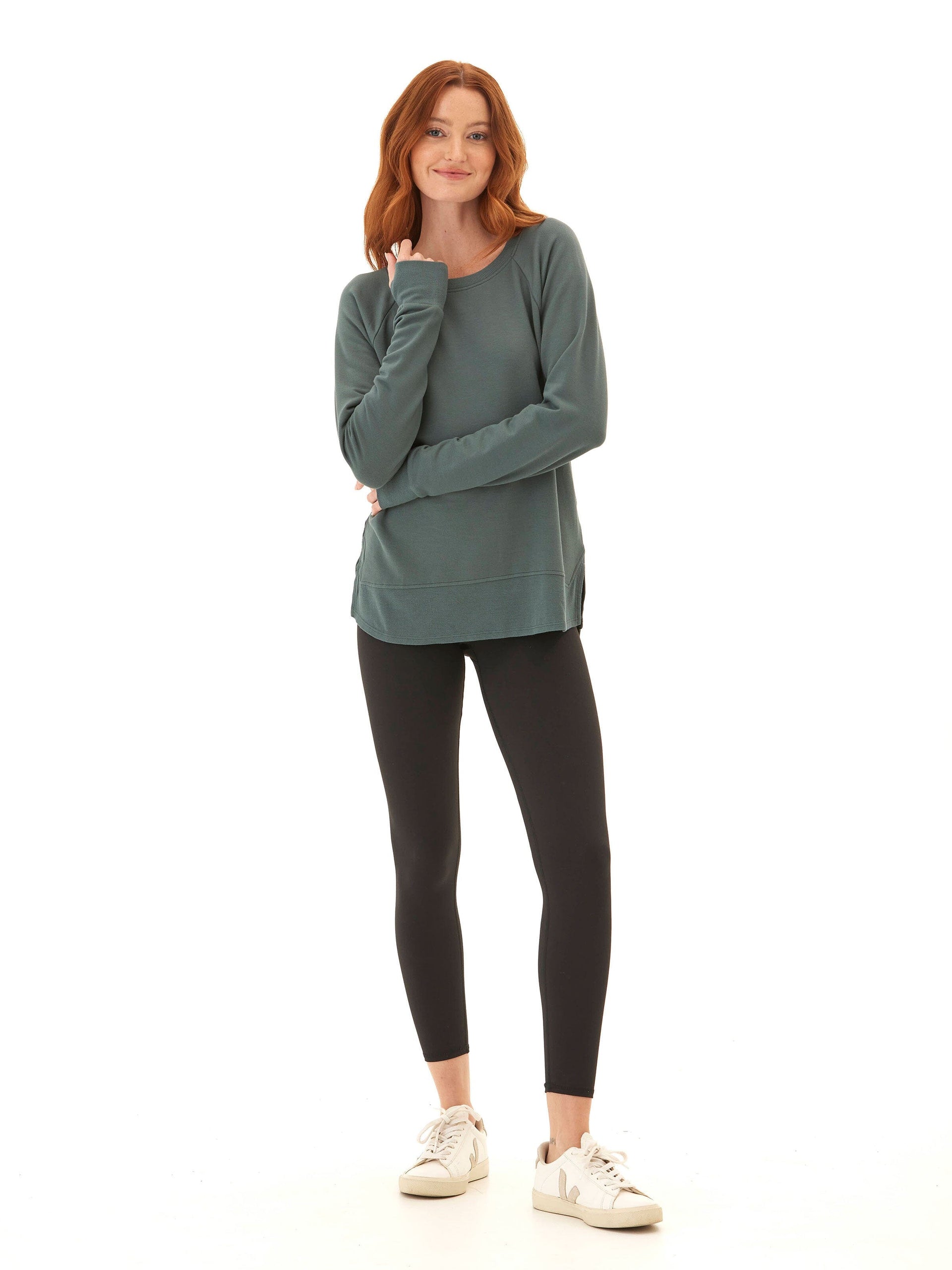 Feather Fleece Raglan Pullover with Thumbholes and Ribbed Hem