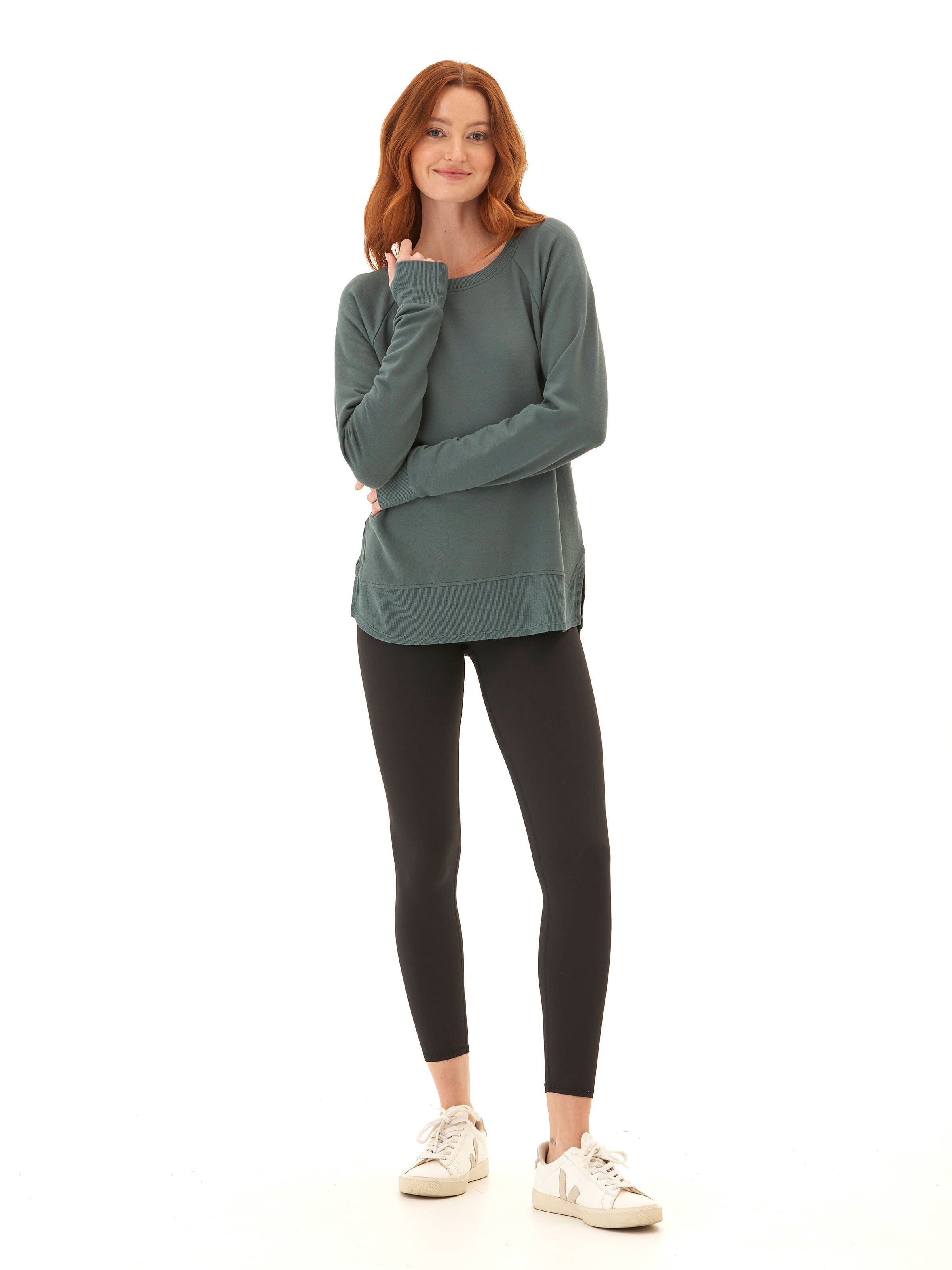 Feather Fleece Raglan Pullover with Thumbholes and Ribbed Hem