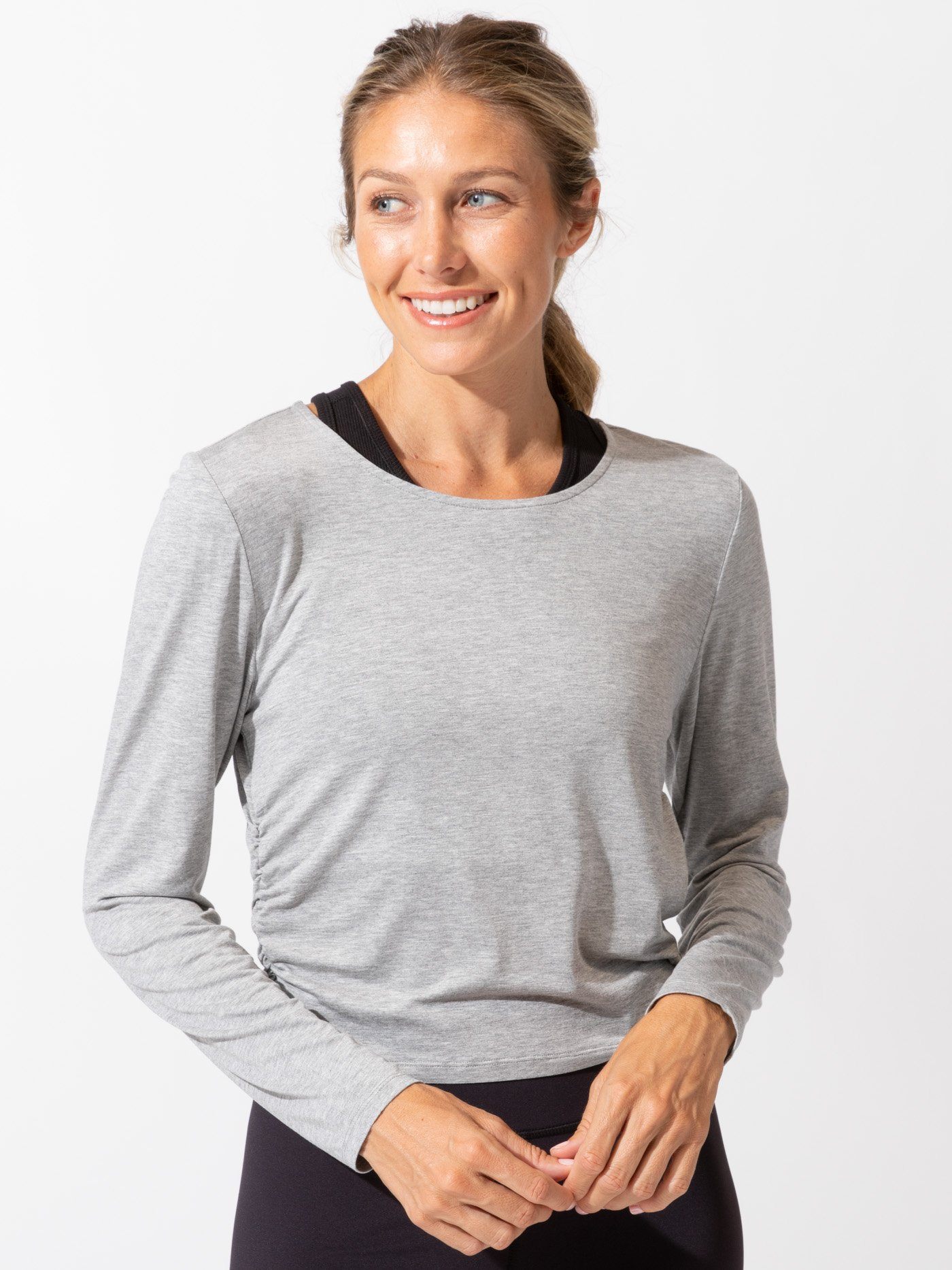 Women's Amabella grey long sleeve top with side ruching and thumbholes