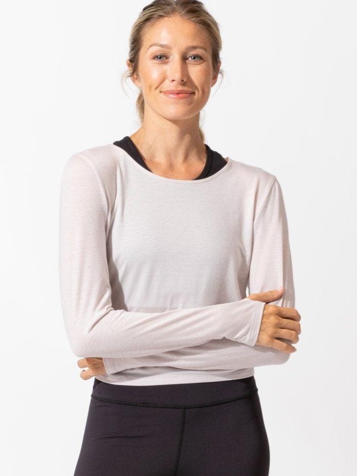 Amabella Ruched Long Sleeve cropped top in lavender-grey with gathered sides and thumbholes