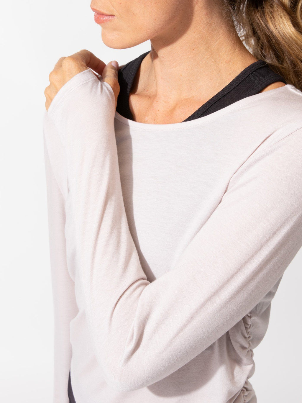 Amabella Ruched Long Sleeve Crop Top with Thumbholes