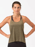 Women wearing a relaxed fit Coretta Strappy Tank in heathered olive green with black straps