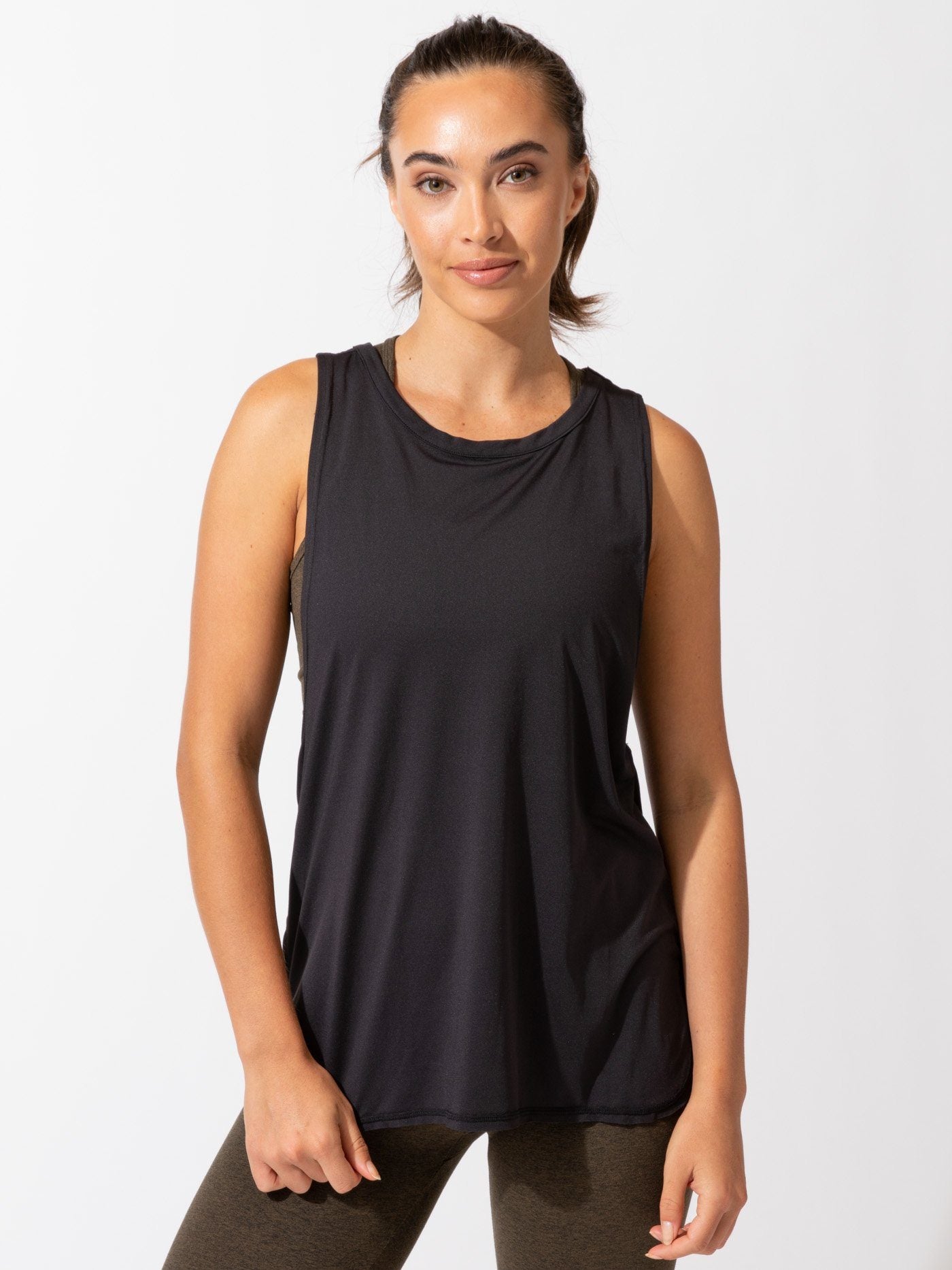 Women's black muscle tank with deep back openings for sport