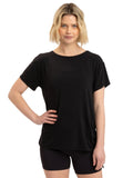 Black Nia side ruched jersey tee with adjustable side detail.
