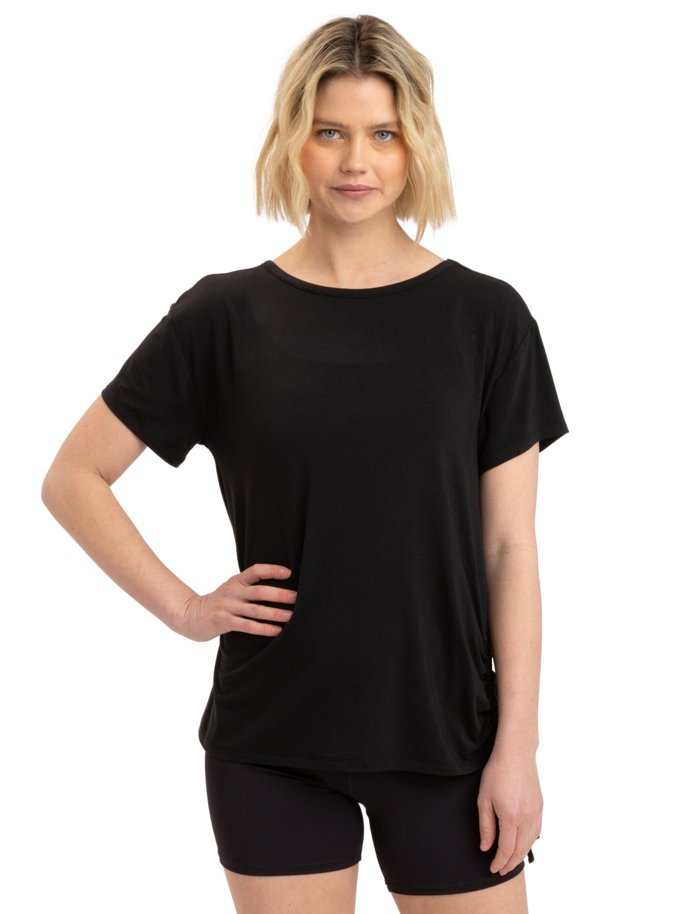 Black Nia side ruched jersey tee with adjustable side detail.