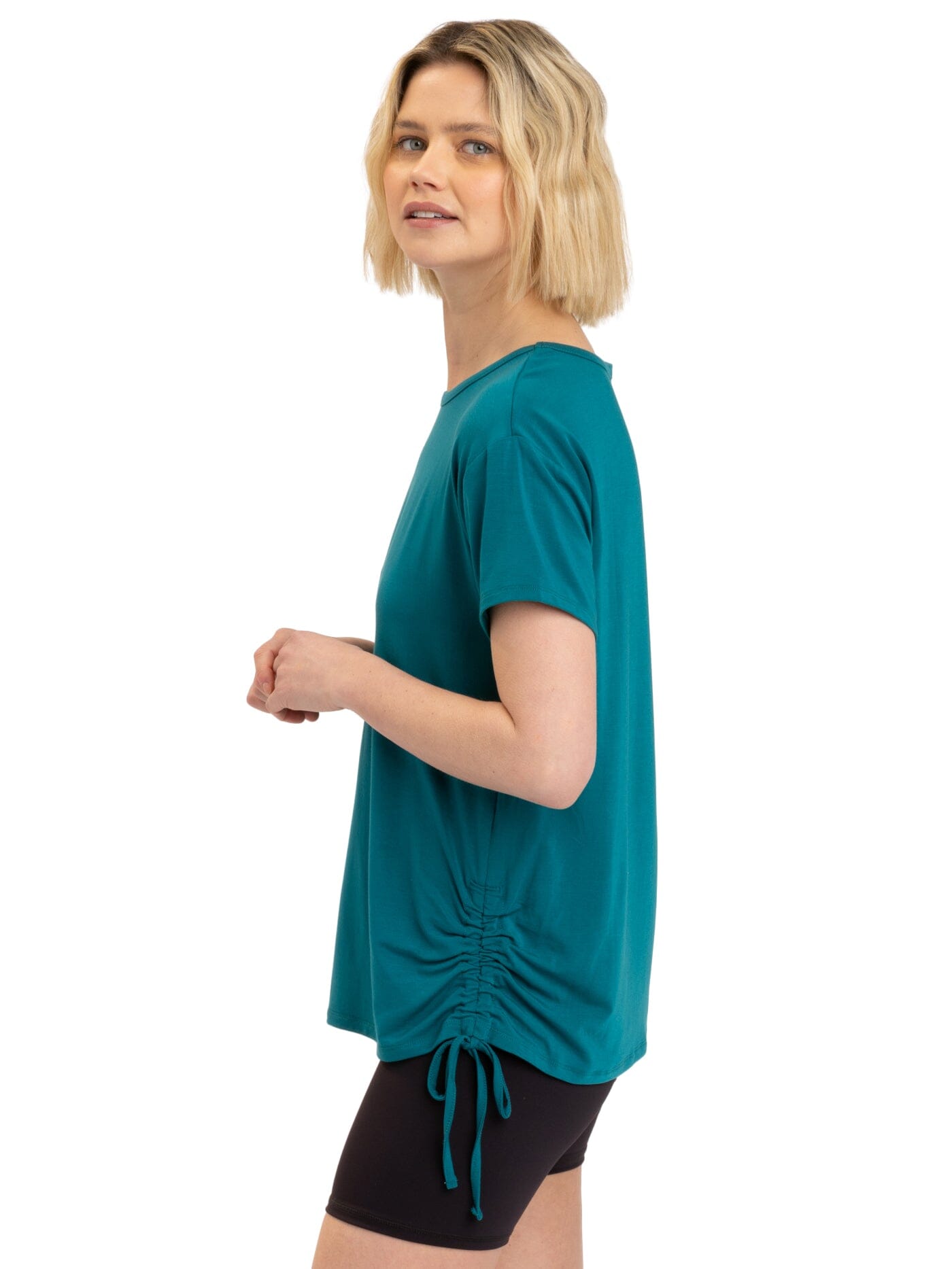 Nia Women's Side Ruched Jersey Tee in Teal