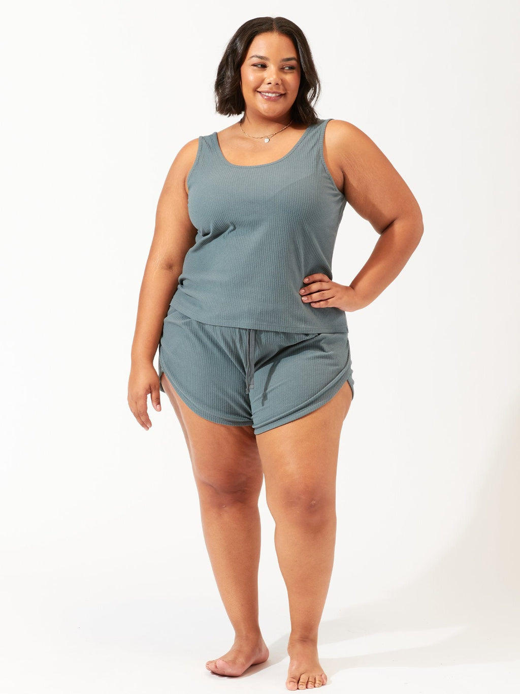 Women's Dusty Blue and Slate Ribbed Dolphin Hem Lounge Shorts
