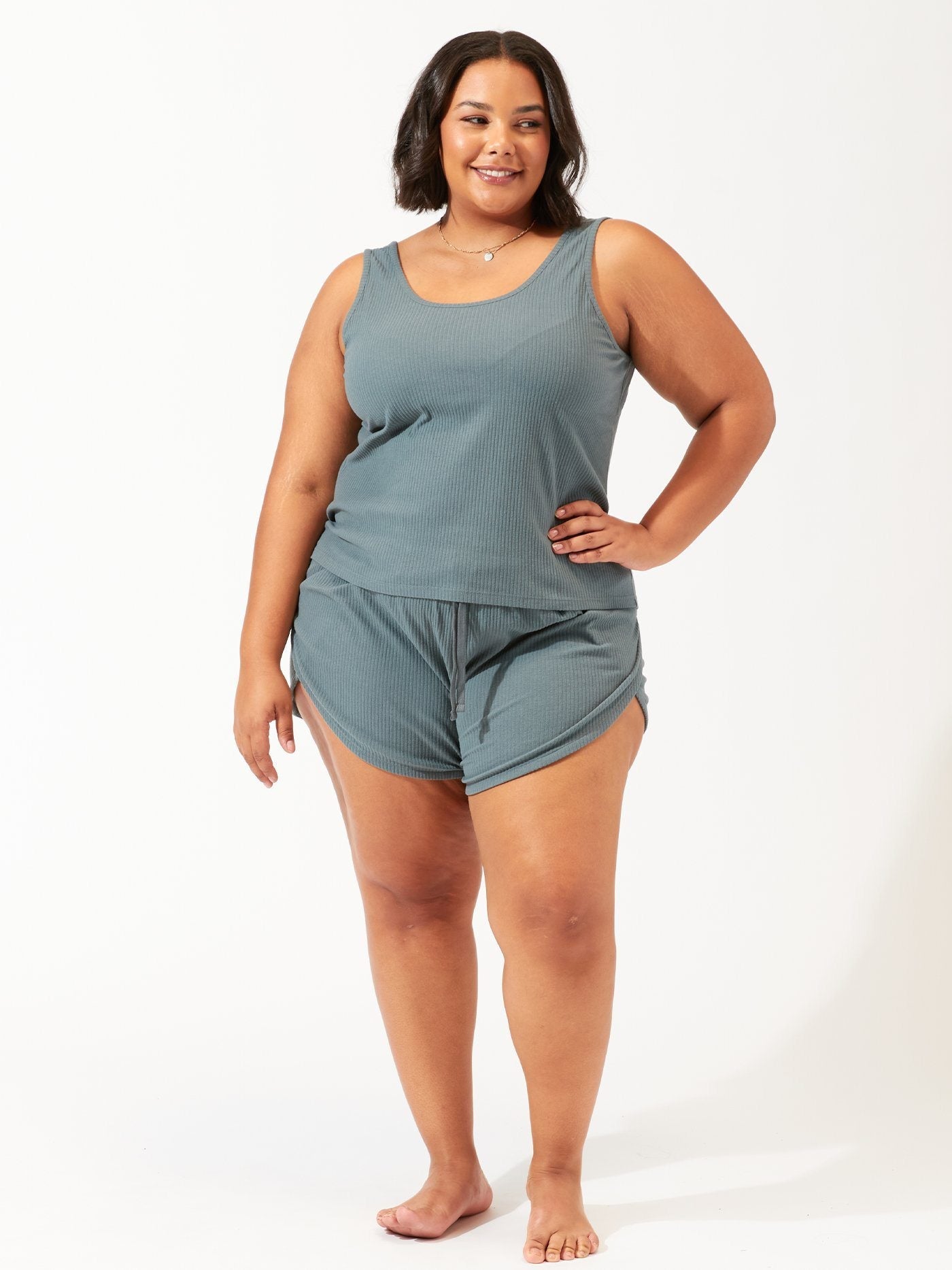 Women's Dusty Blue and Slate Ribbed Dolphin Hem Lounge Shorts