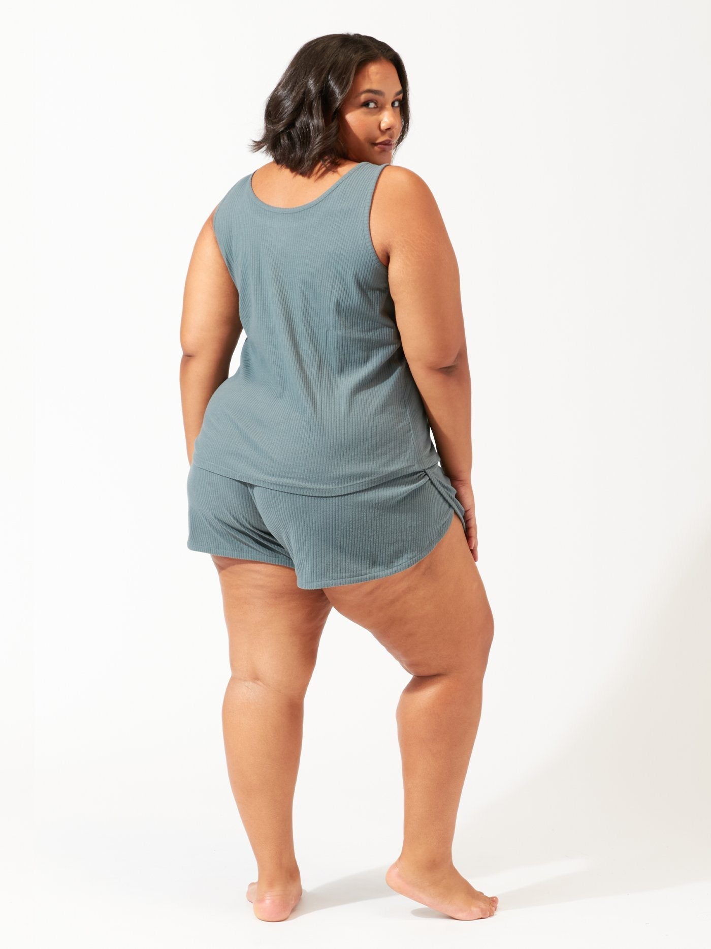 Women's Dusty Blue and Slate Ribbed Dolphin Hem Lounge Shorts