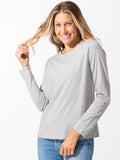 Women's grey long sleeve scoop neck tee with relaxed fit