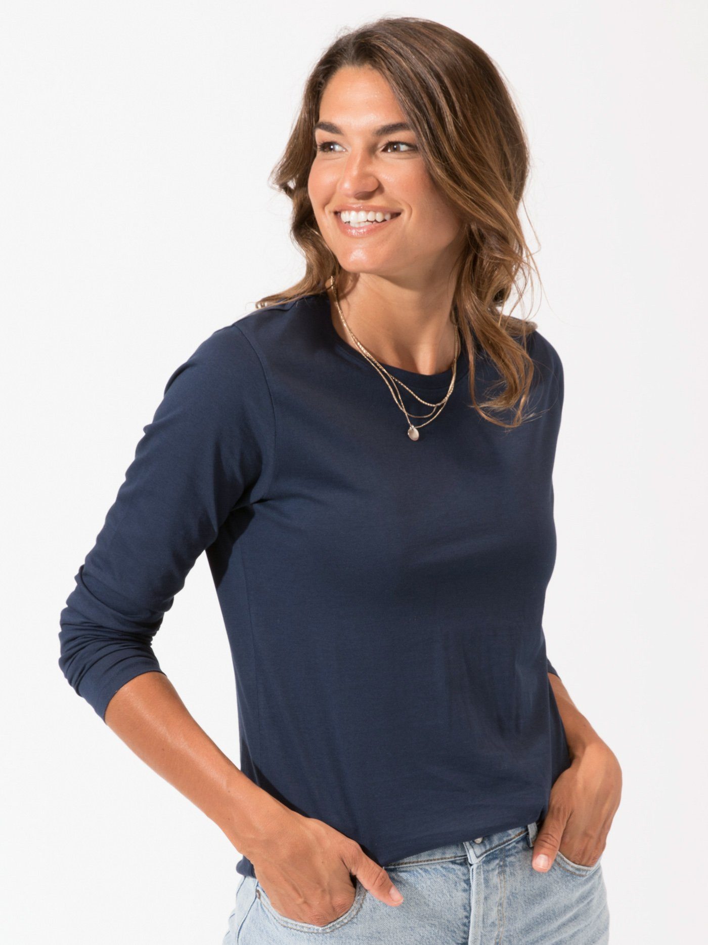 Women's Invincible Long Sleeve Scoop Neck Tee in Navy Blue
