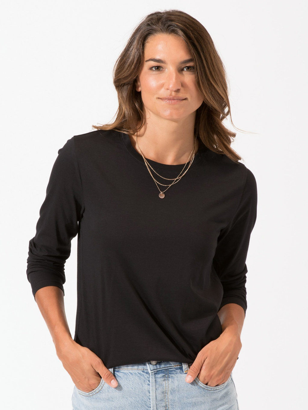 Women's Invincible black long sleeve scoop neck tee with banded neckline