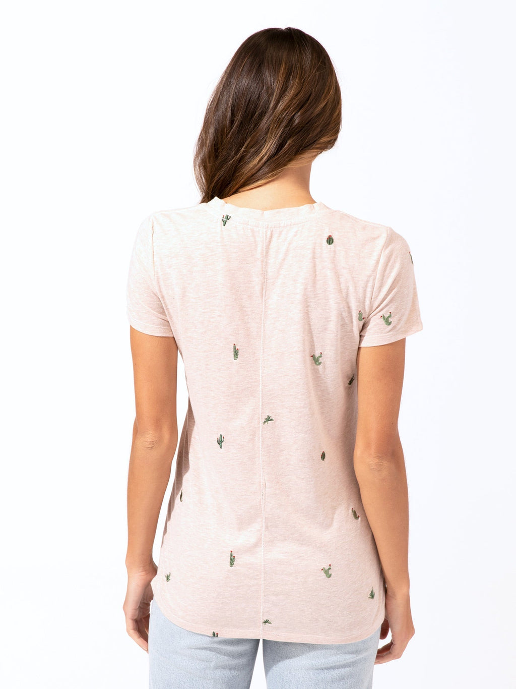 Cacti Embroidery V-Neck Tee in Blush Pink and Green
