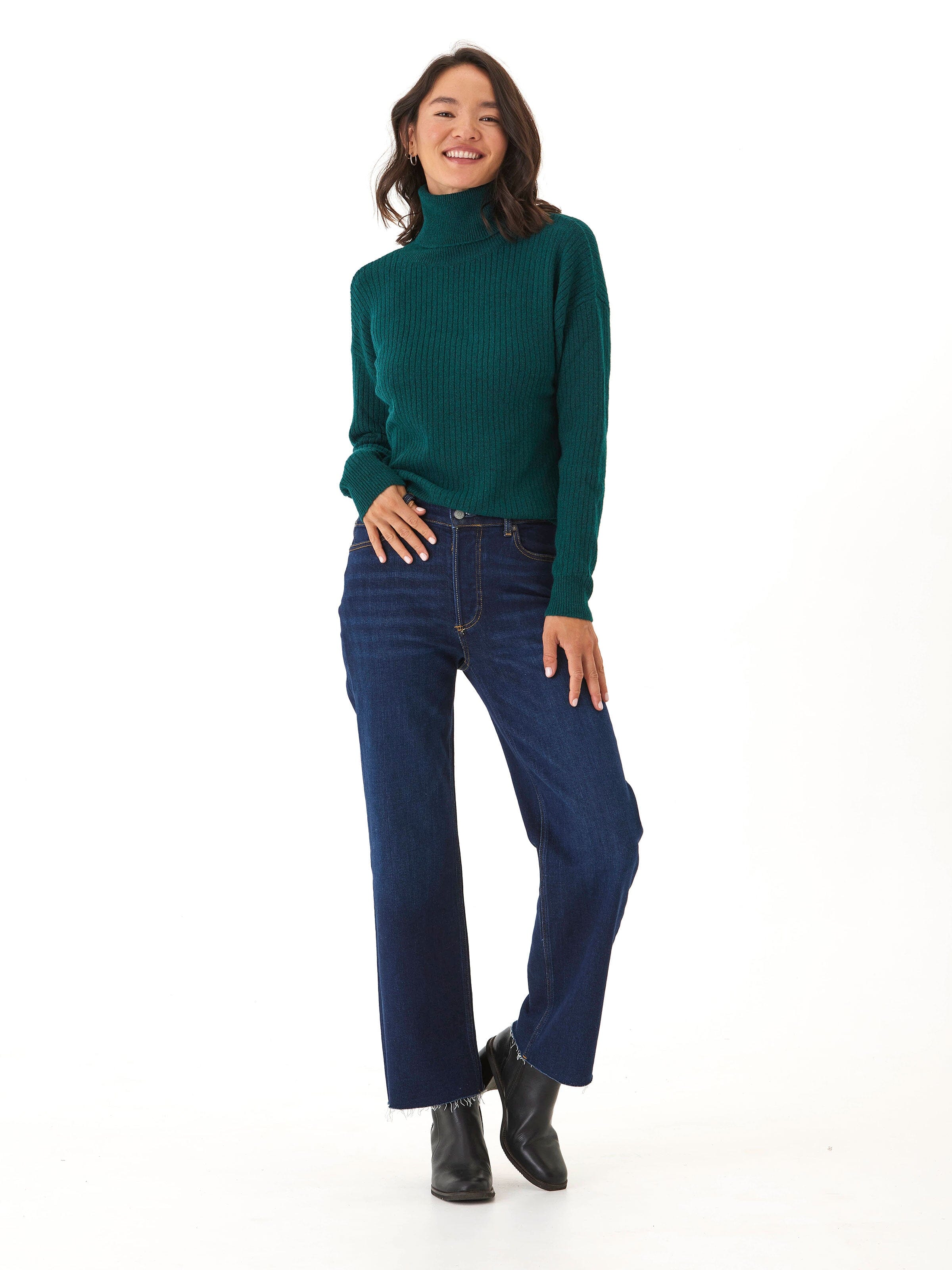 Toki Rib Knit Turtleneck Sweater in Forest Green Relaxed Fit