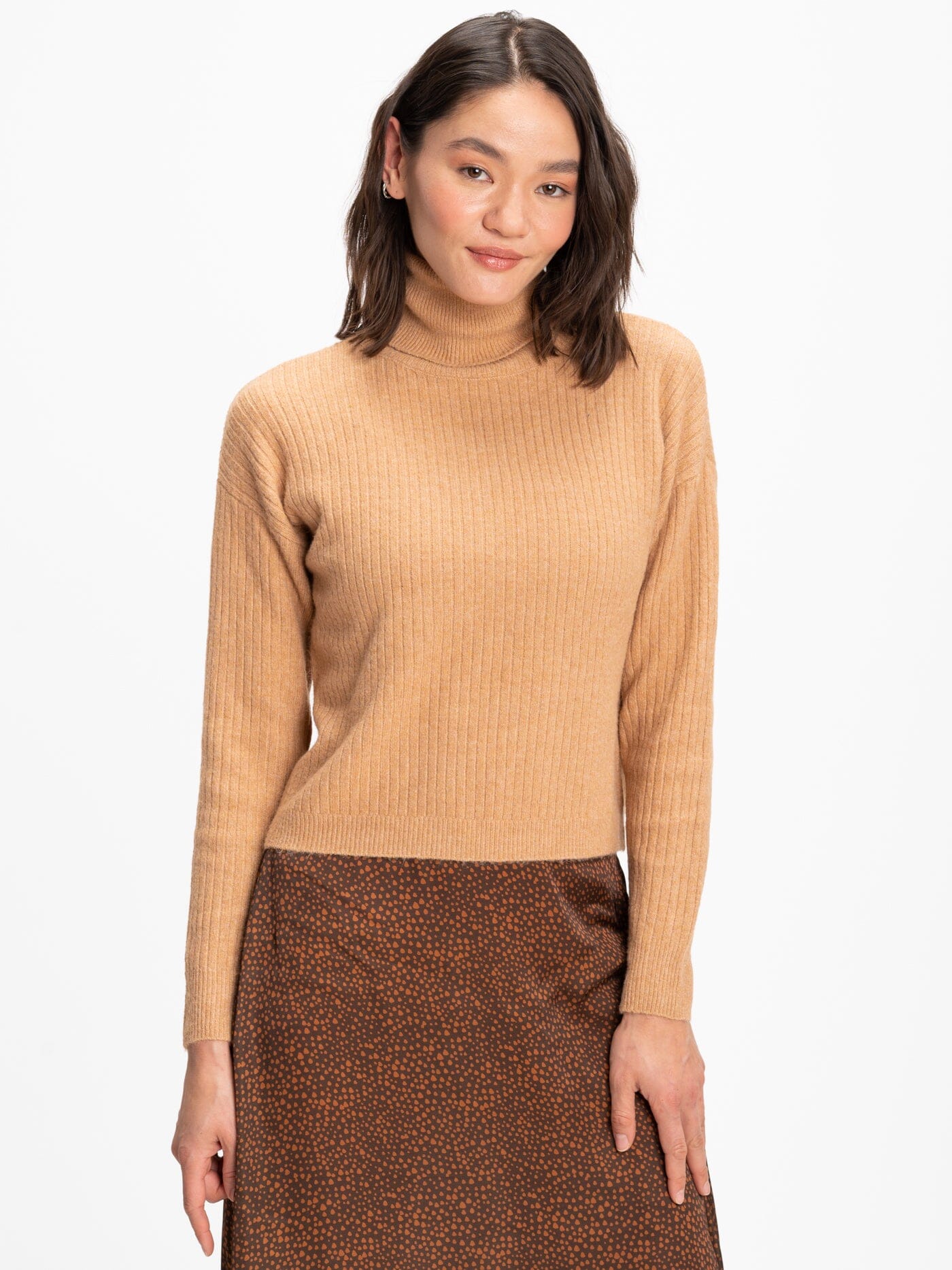 Toki Rib Knit Turtleneck Sweater in Camel and Tan
