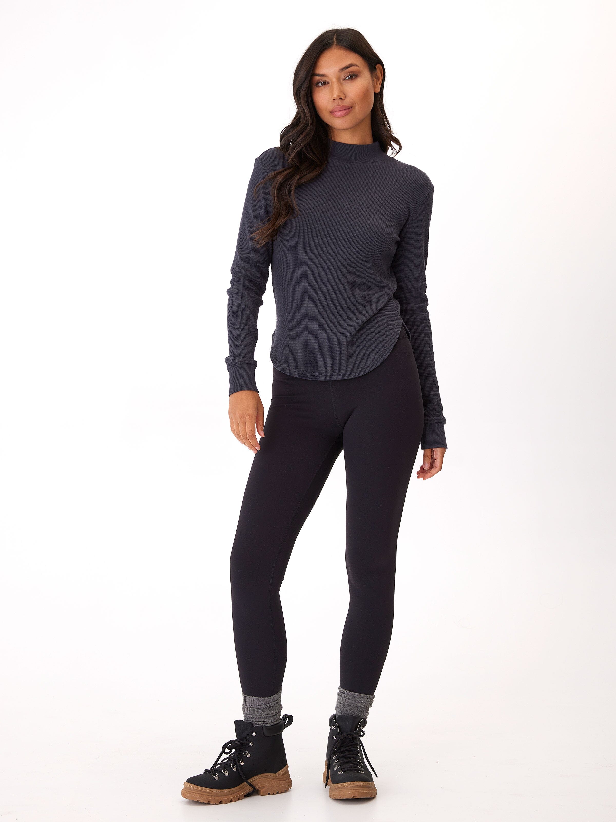 Haidee Mock Neck Waffle Knit Long Sleeve Layering Top