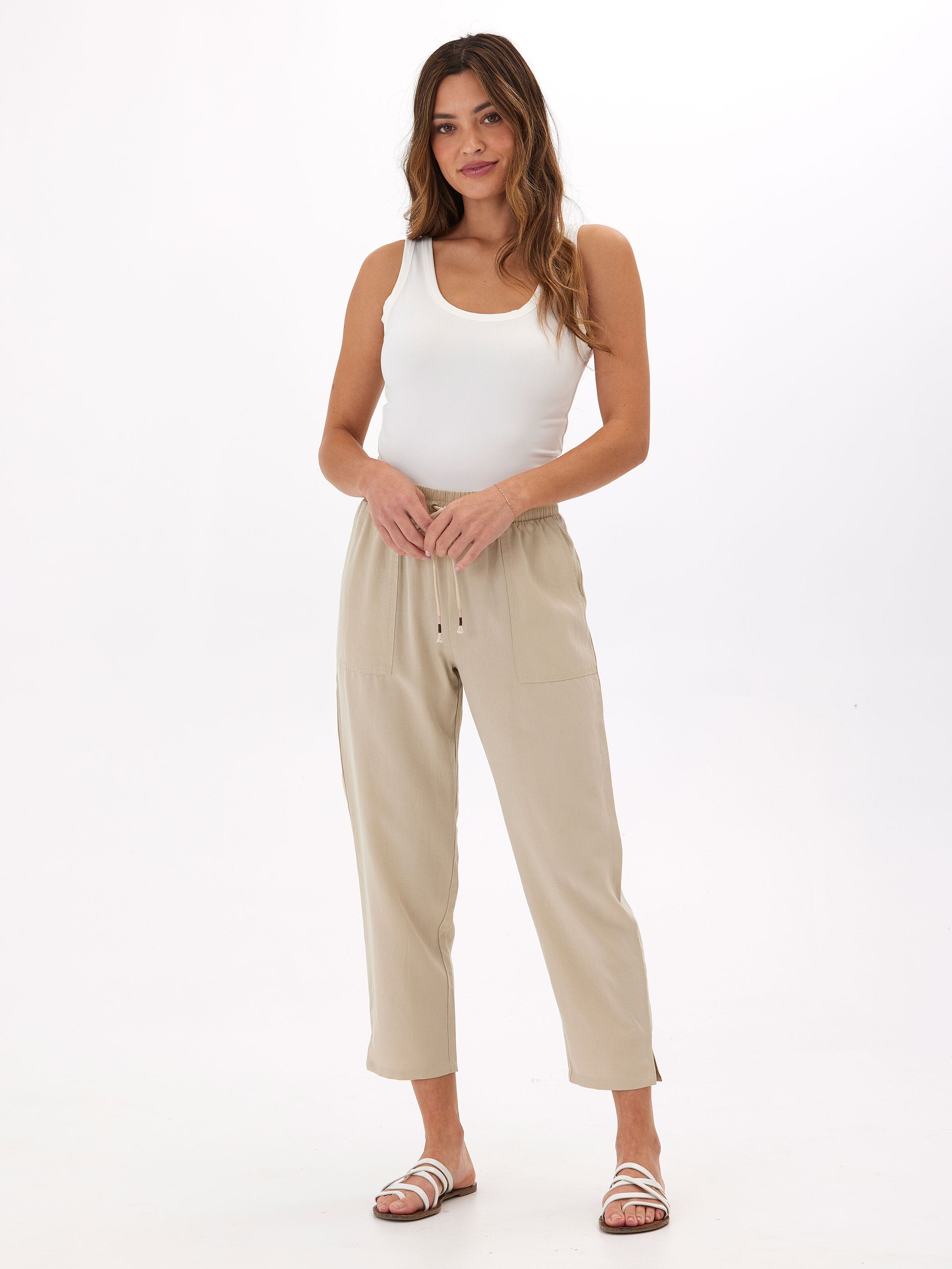 Winnie Breezy Linen Blend Cropped Pant in Beige