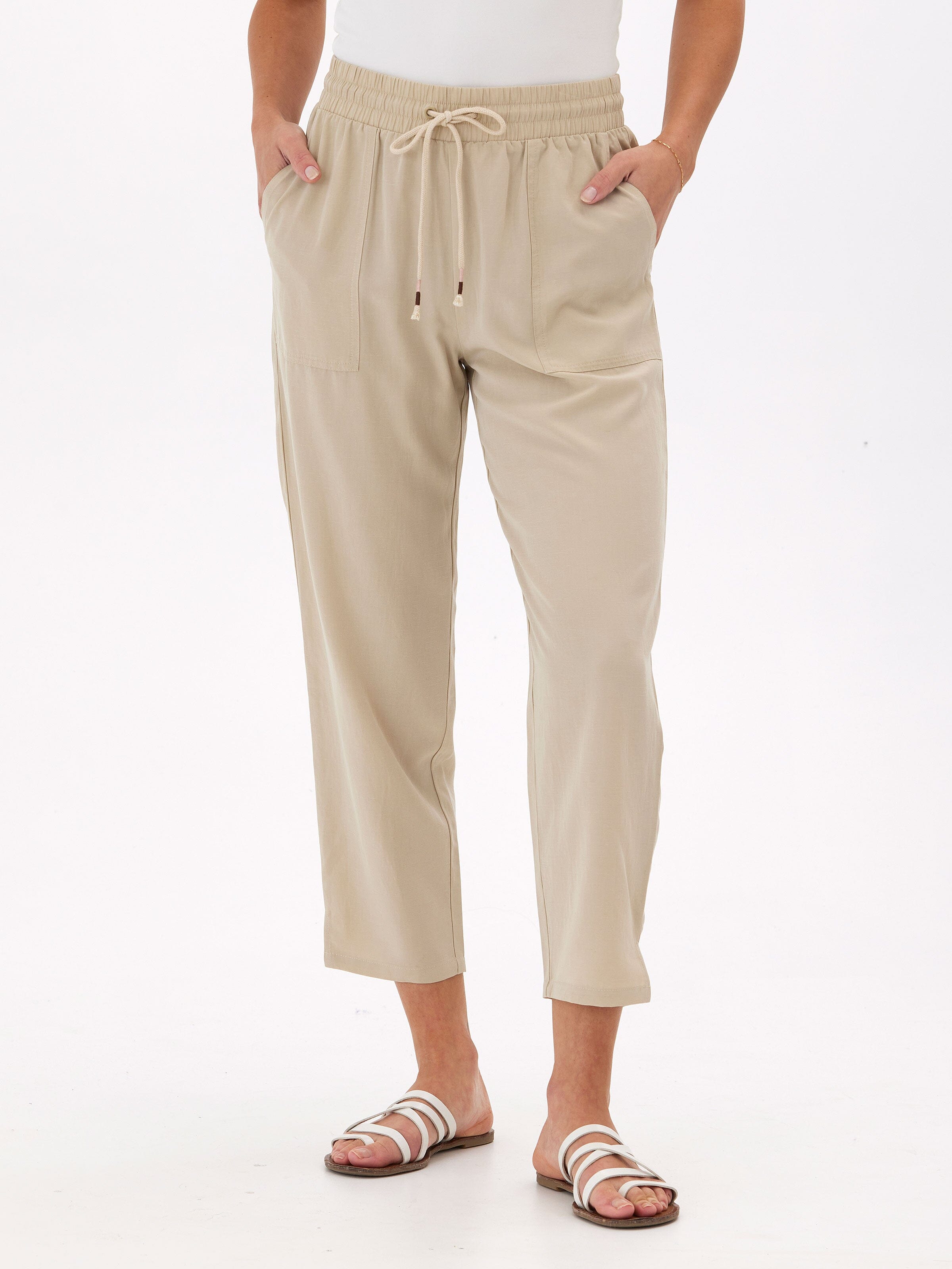 Winnie Breezy Linen Blend Cropped Pant in Beige