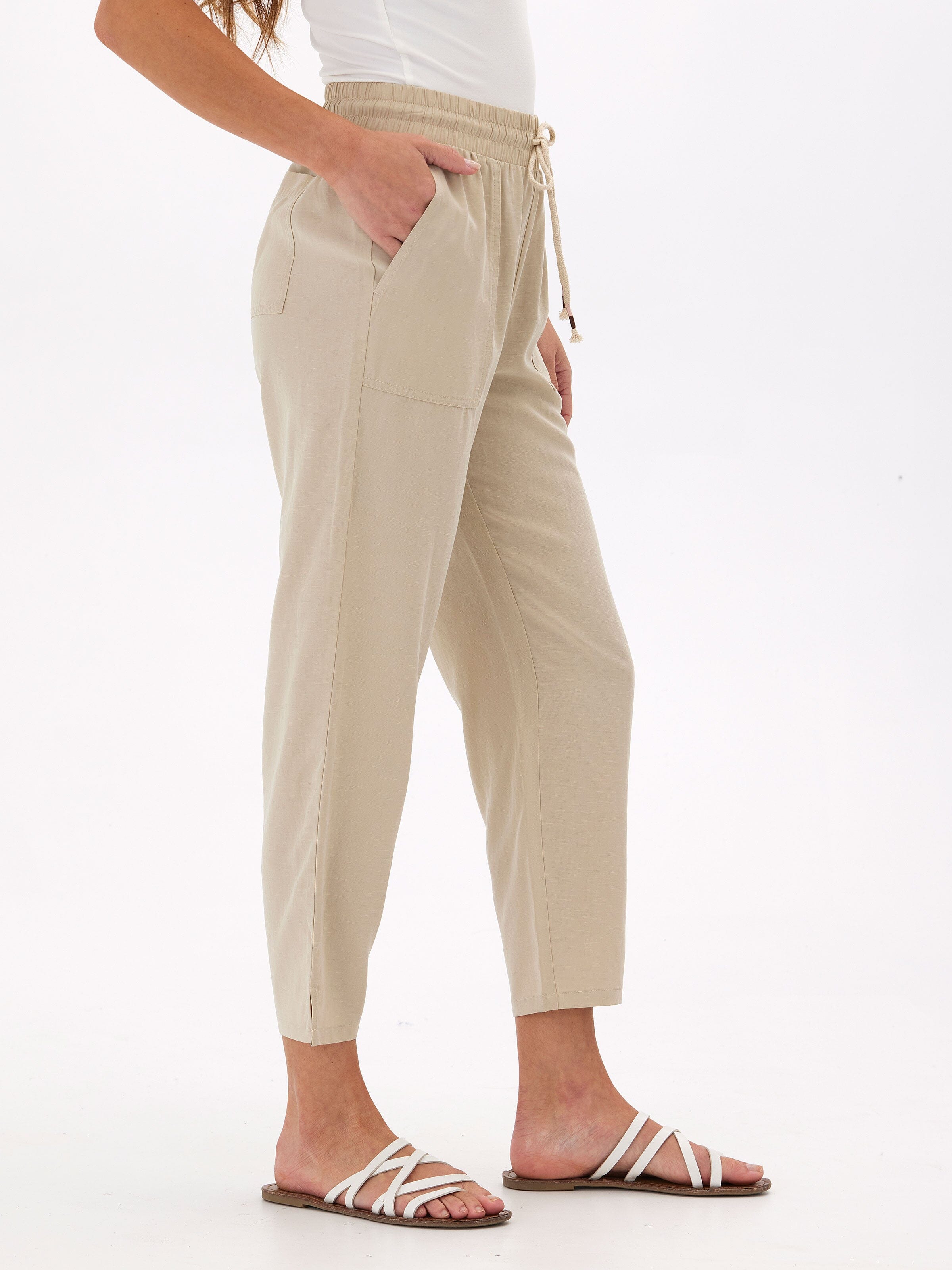 Winnie Breezy Linen Blend Cropped Pant in Beige