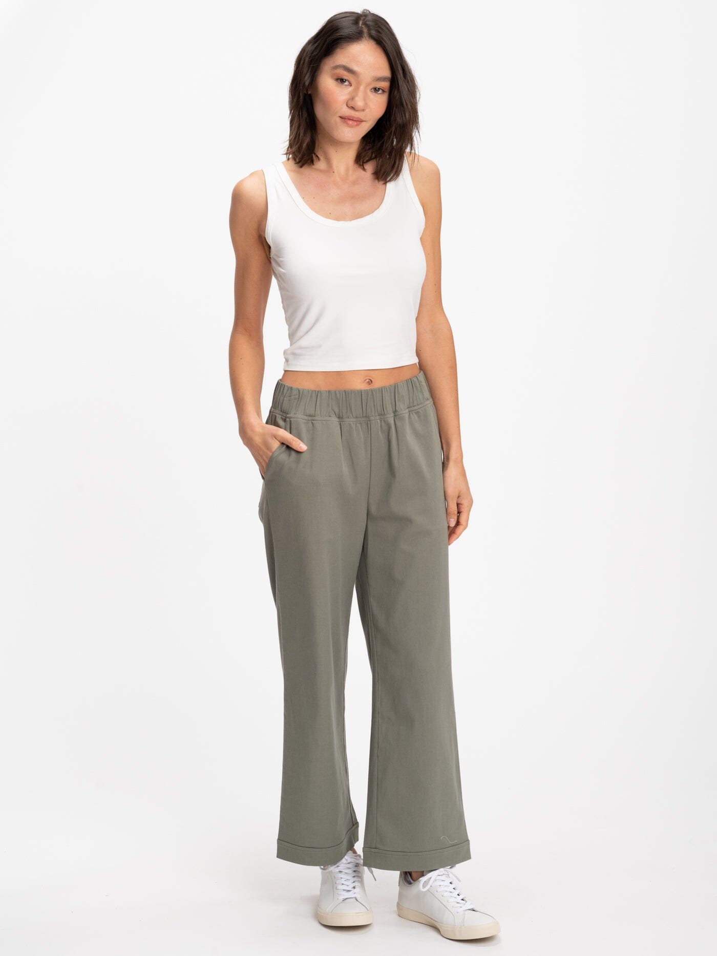Georgie Wide Leg Stretch Twill Pants in Olive Green - Relaxed Fit