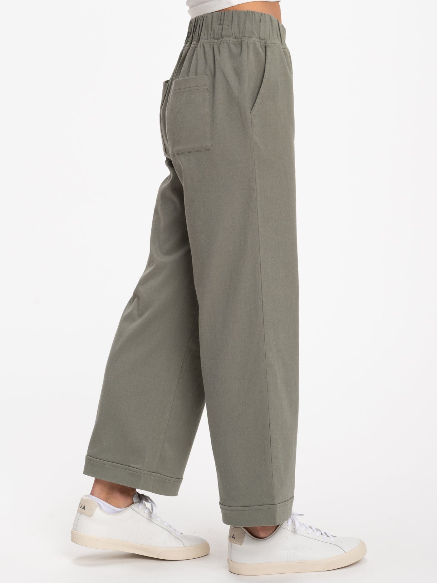 Georgie Wide Leg Stretch Twill Pants in Olive Green - Relaxed Fit