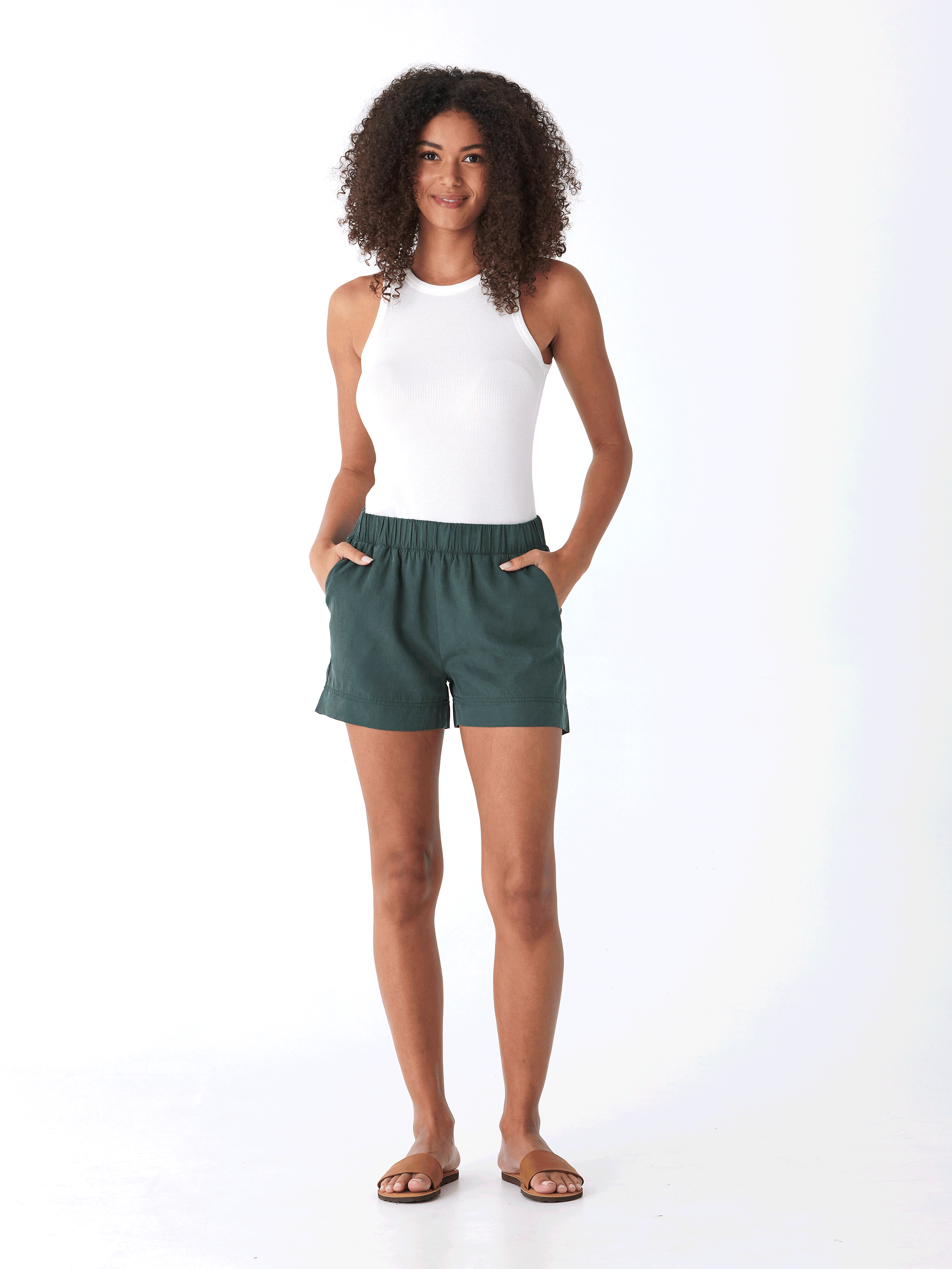 Angelina Women's Linen 3-Inch Pull-On Shorts in Dark Green