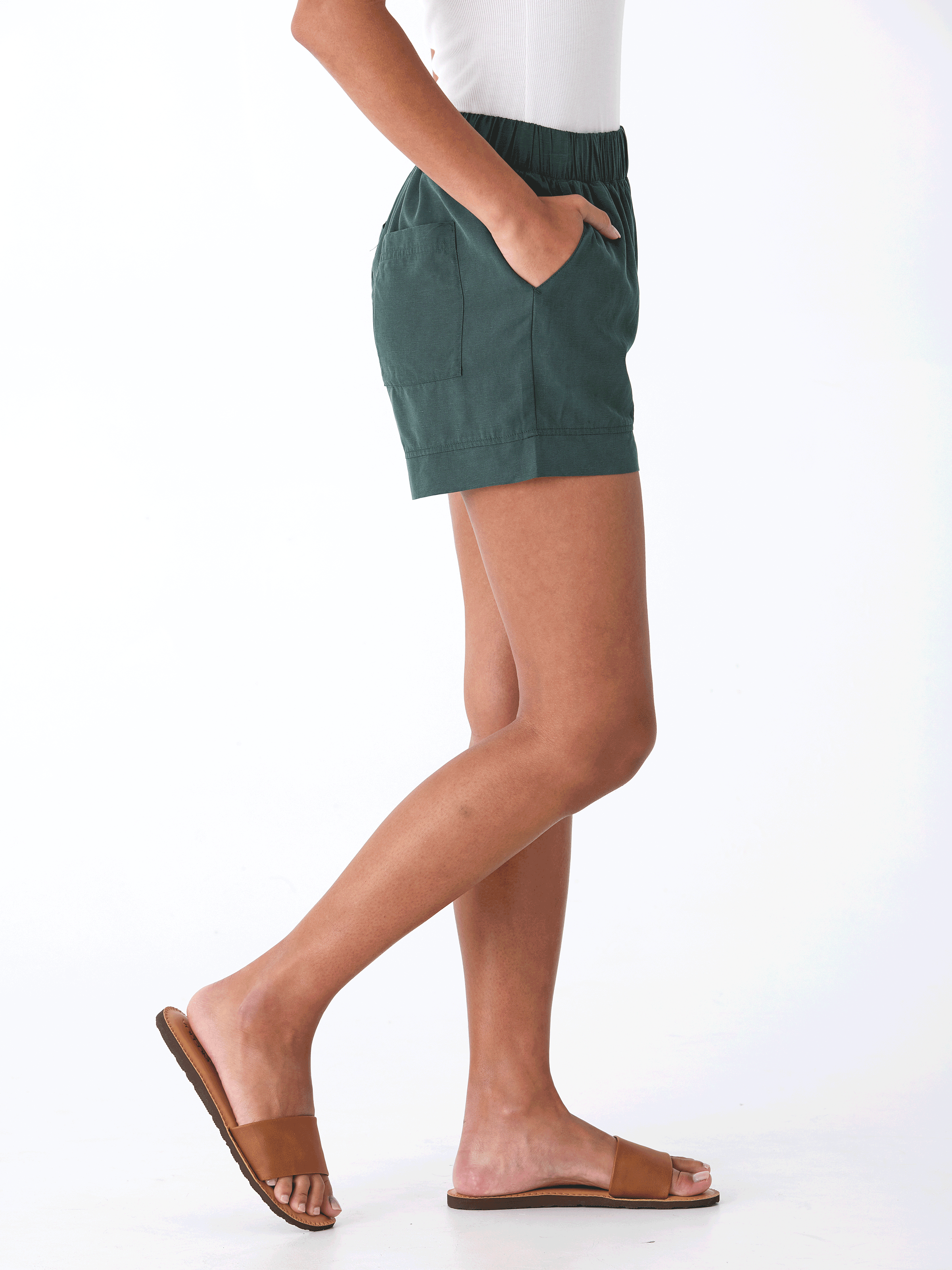 Angelina Women's Linen 3-Inch Pull-On Shorts in Dark Green