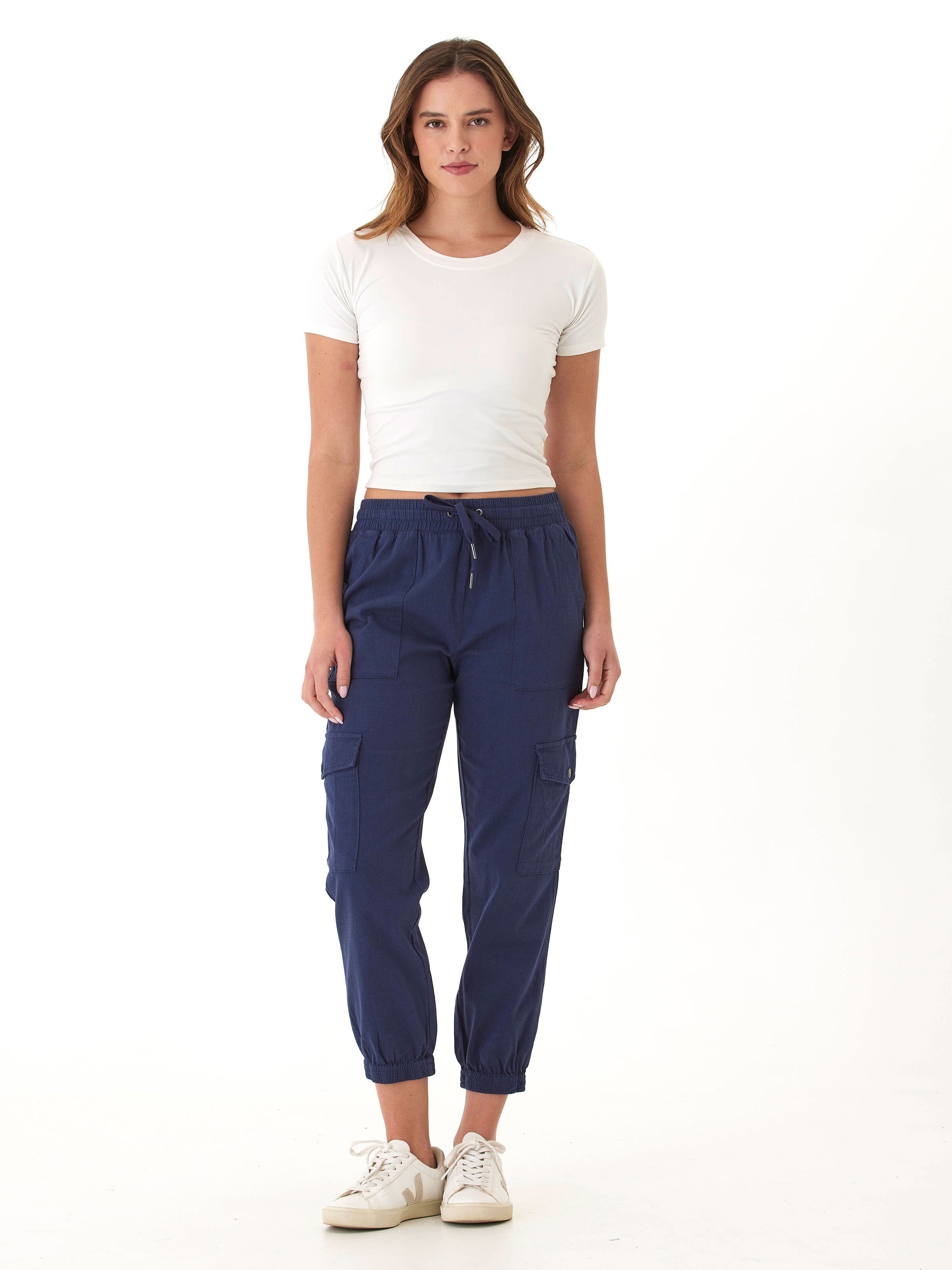 Delilah Stretch Twill Cargo Jogger 27" Women's Navy Ankle Pants