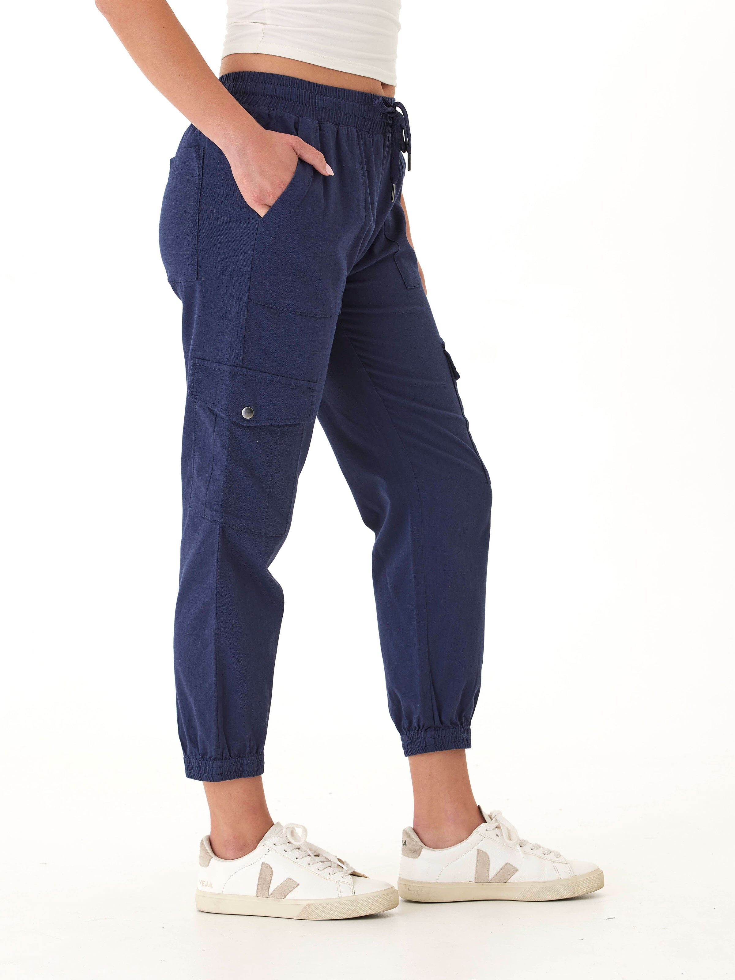 Delilah Stretch Twill Cargo Jogger 27" Women's Navy Ankle Pants