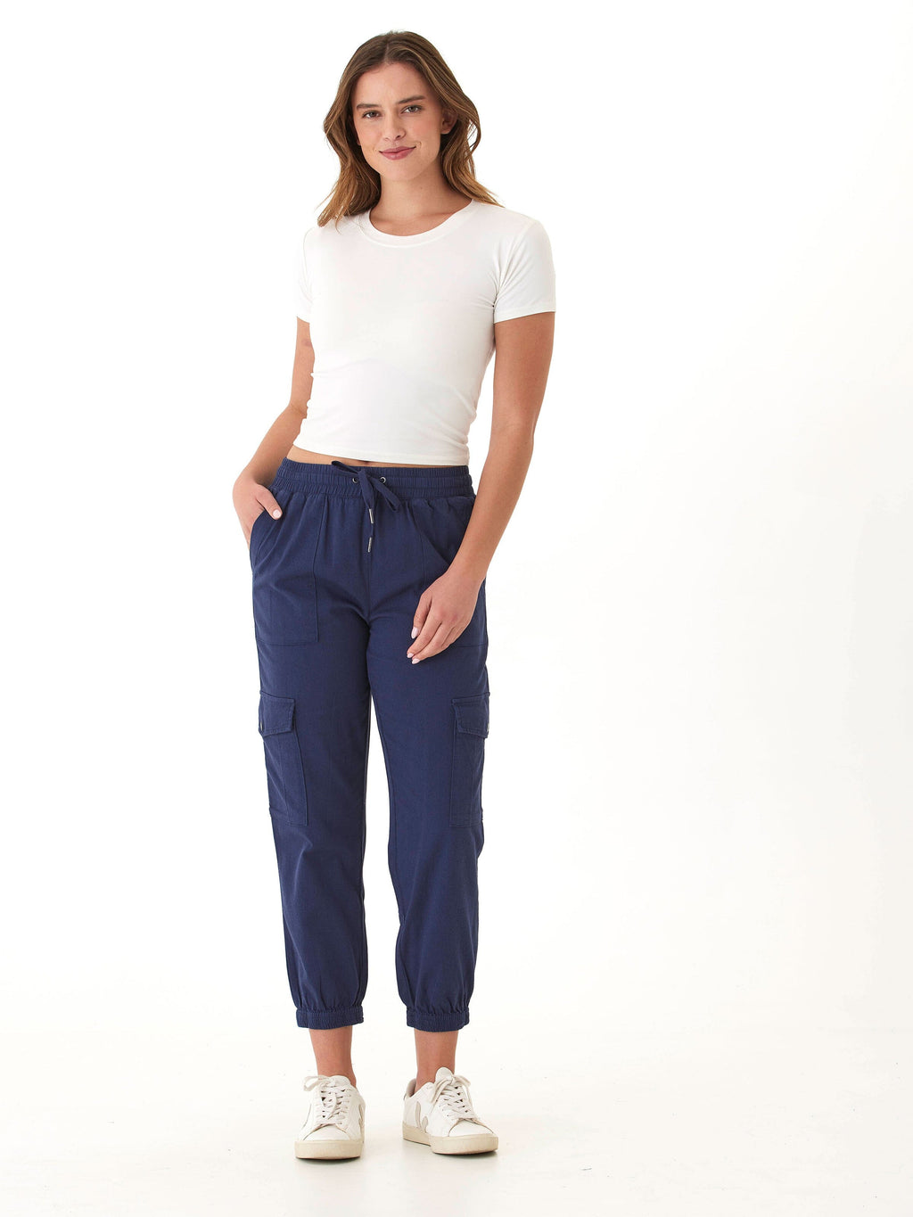 Delilah Stretch Twill Cargo Jogger 27" Women's Navy Ankle Pants