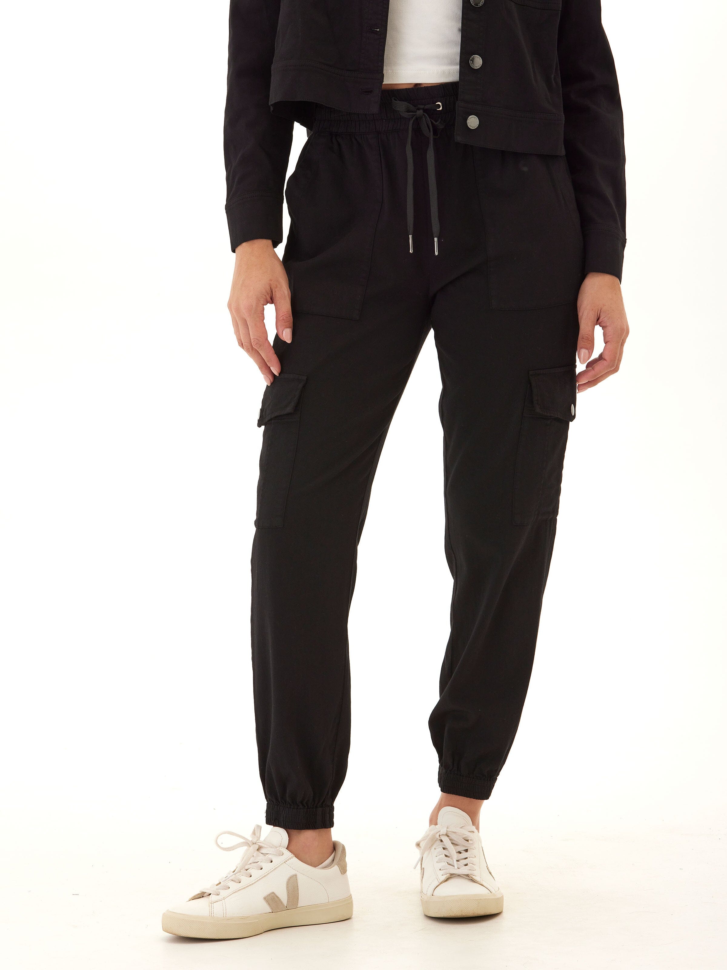 Delilah Stretch Twill Cargo Jogger in 27-inch length with snap-closure utility pockets and elastic drawstring waist