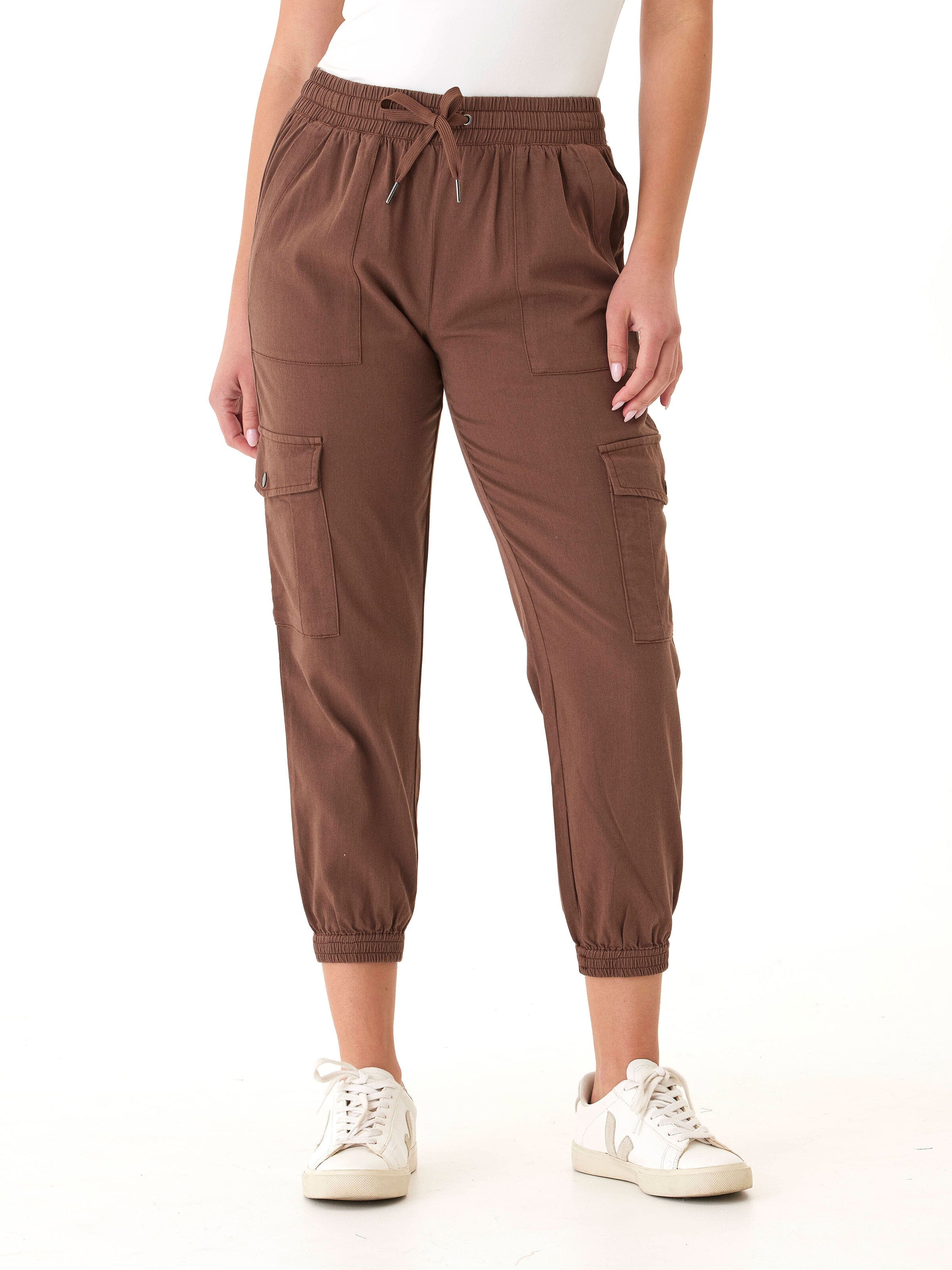 Delilah Stretch Twill Cargo Jogger in a 27-inch length with functional cargo pockets and drawcord waistband.